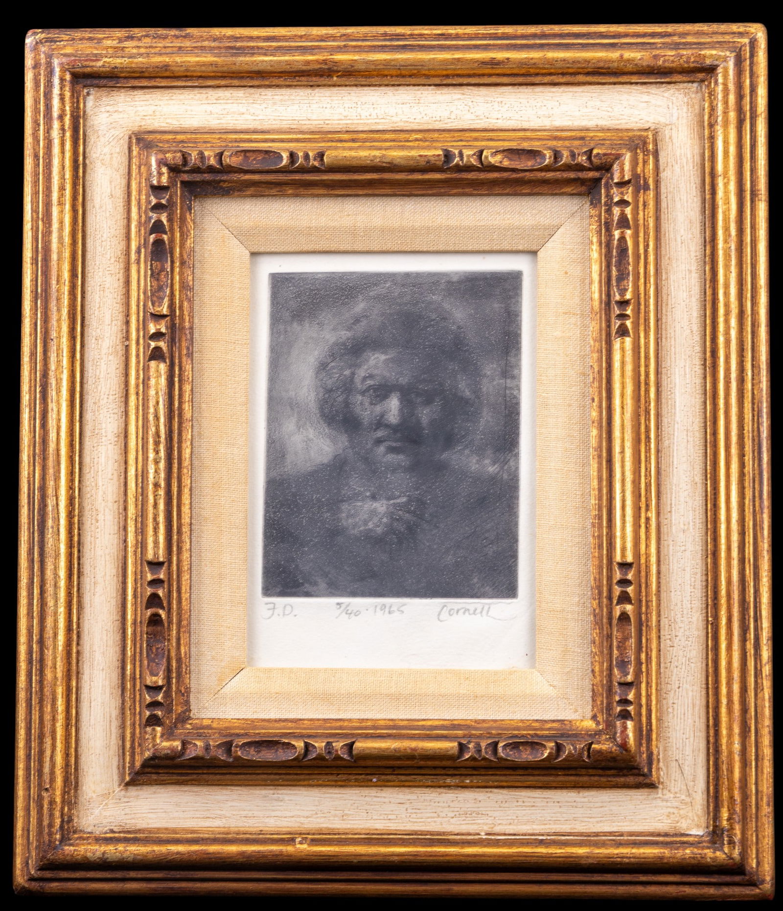 1965 Signed & Numbered Cornell Etching: Framed etching signed Cornell at lower right, numbered 5/40 and dated 1965. With initials "J.D." at lower left. Measures approx. 13.5" H x 11.5" W OD.