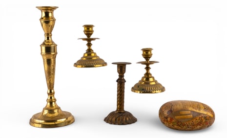 Brass Candlesticks, Decorated Stone w/ Certificate