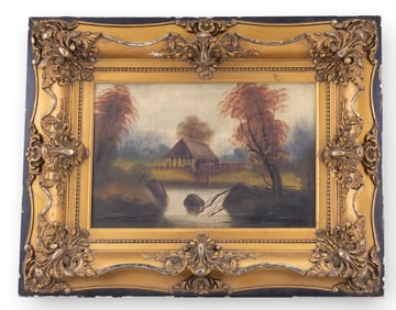 Antique Oil on Canvas, Waterwheel Creek Scene