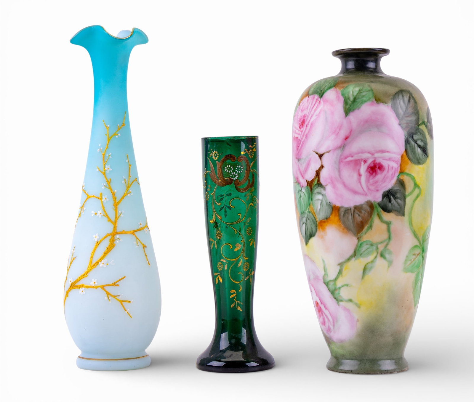 Satin Art Glass Vase, Bud Vases: Lot includes 3 vases. The first being a blue satin art glass vase with flared rim and applied branch motif, a hand-painted floral bud vase signed "E.W." on base, along with a green bud vase with appli