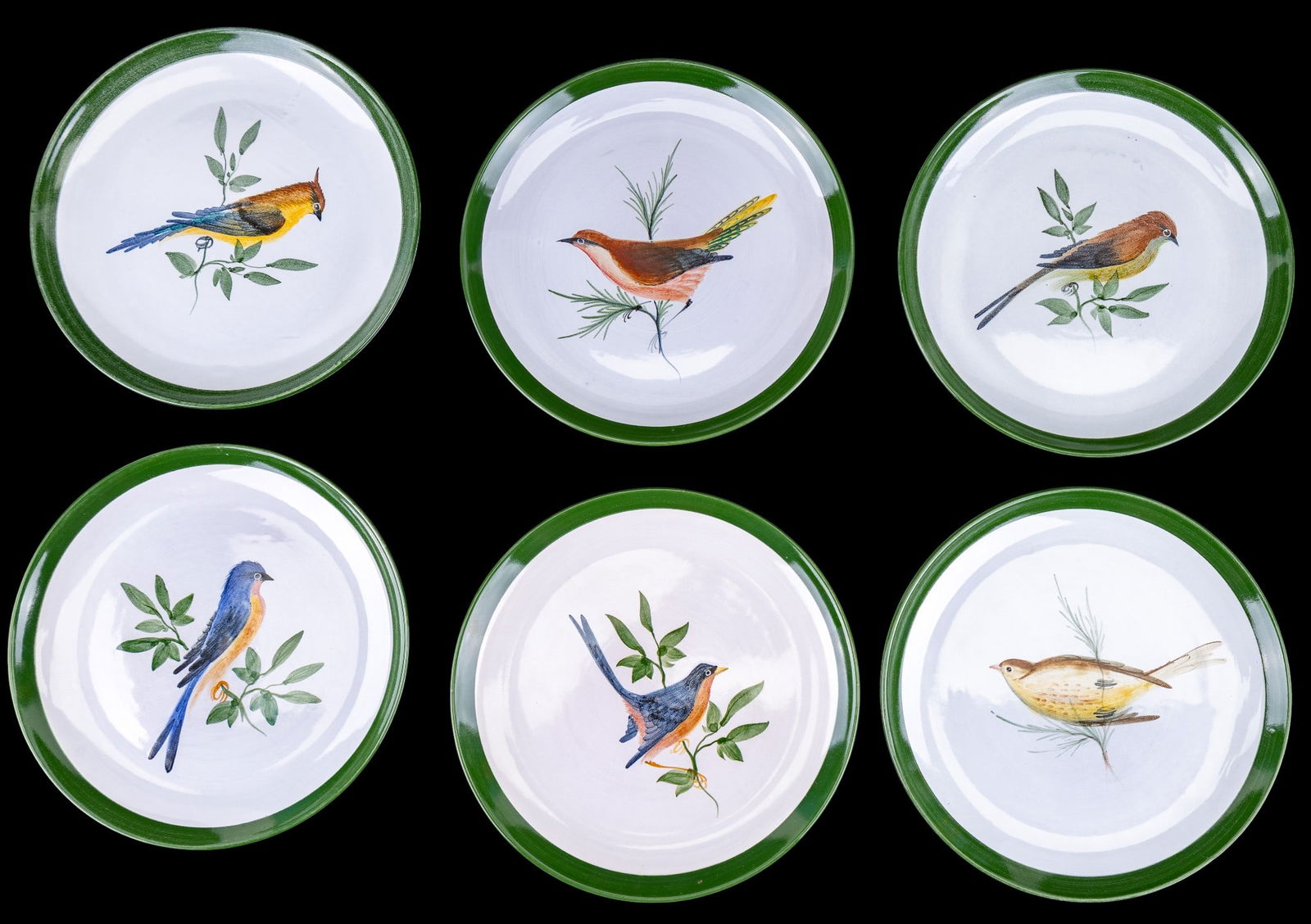 Maja Mexico Hand-Painted Dinnerware: Group of hand-painted Mexican pottery each featuring colorful bird motifs. Includes 6 dinner plates, 6 green saucer plates, and 1 covered butter dish. All pieces marked "Maja Mexico" on reverse except