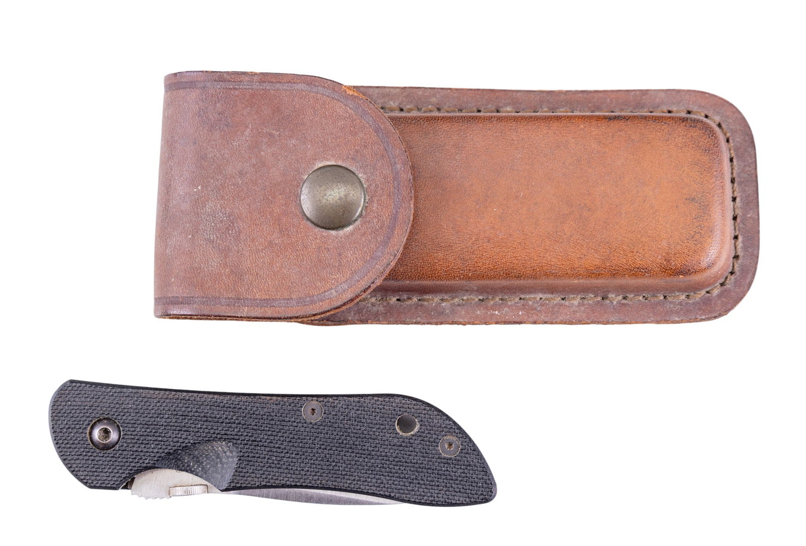 Benchmade USA Folding Knife with Leather Sheath: Benchmade USA serrated tanto-blade folding knife, marked with Benchmade butterfly logo and "Benchmade U.S.A." on blade. Includes a genuine leather U.S.A. - marked belt sheath.