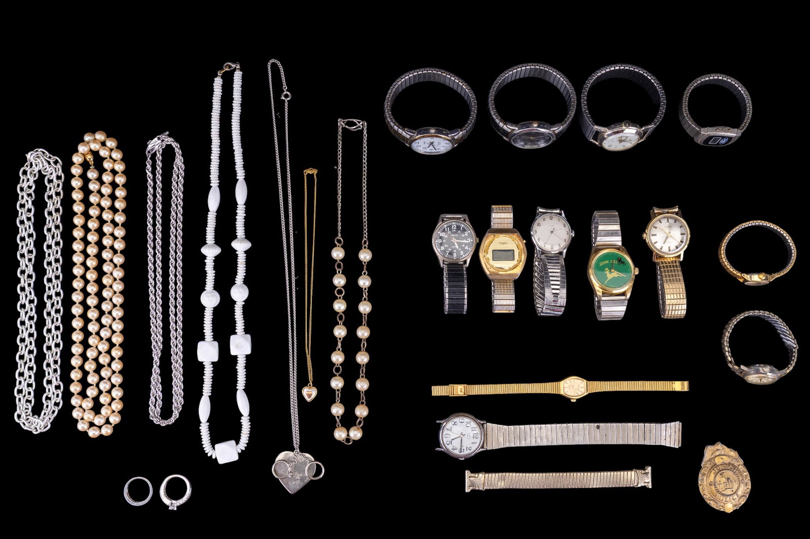Timex Watch Group, 925 Rings, 12K GF Jewelry: A collection of vintage Timex (many twistoflex bands), and a Swiss made Impala watch, a Carriage, Ford Motors, John Deere, and Genova Deluxe wrist watch, a marked 925 CZ ring set size approx 7, a Kidd