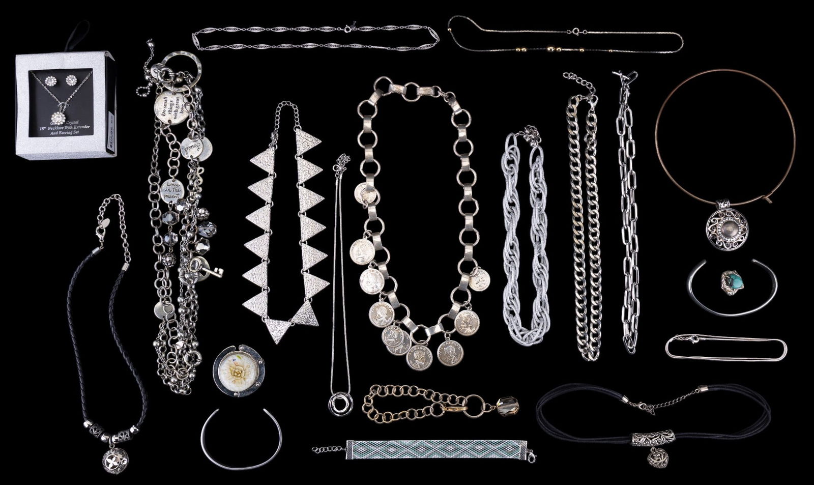 Silver Tone Charm, Crystal more Costume Jewelry: A spanish coin silver tone charm necklace, etc! triangular pendant necklace, panel bracelet, 18" necklace & earrings w/ crystal, multiple silver tone chain necklaces, trinkets, a locket silver tone ch