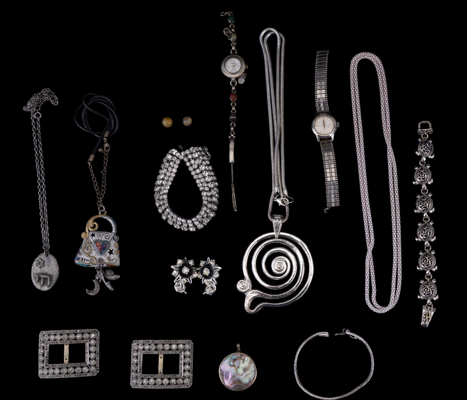 Sterling Silver & Costume Jewelry: Includes a sterling silver and gold-tone bracelet, measuring 7.25 inches end to end and weighing 15.4 grams. Additional items feature rhinestone jewelry, silvertone bracelets, buckle, clip-on earrings