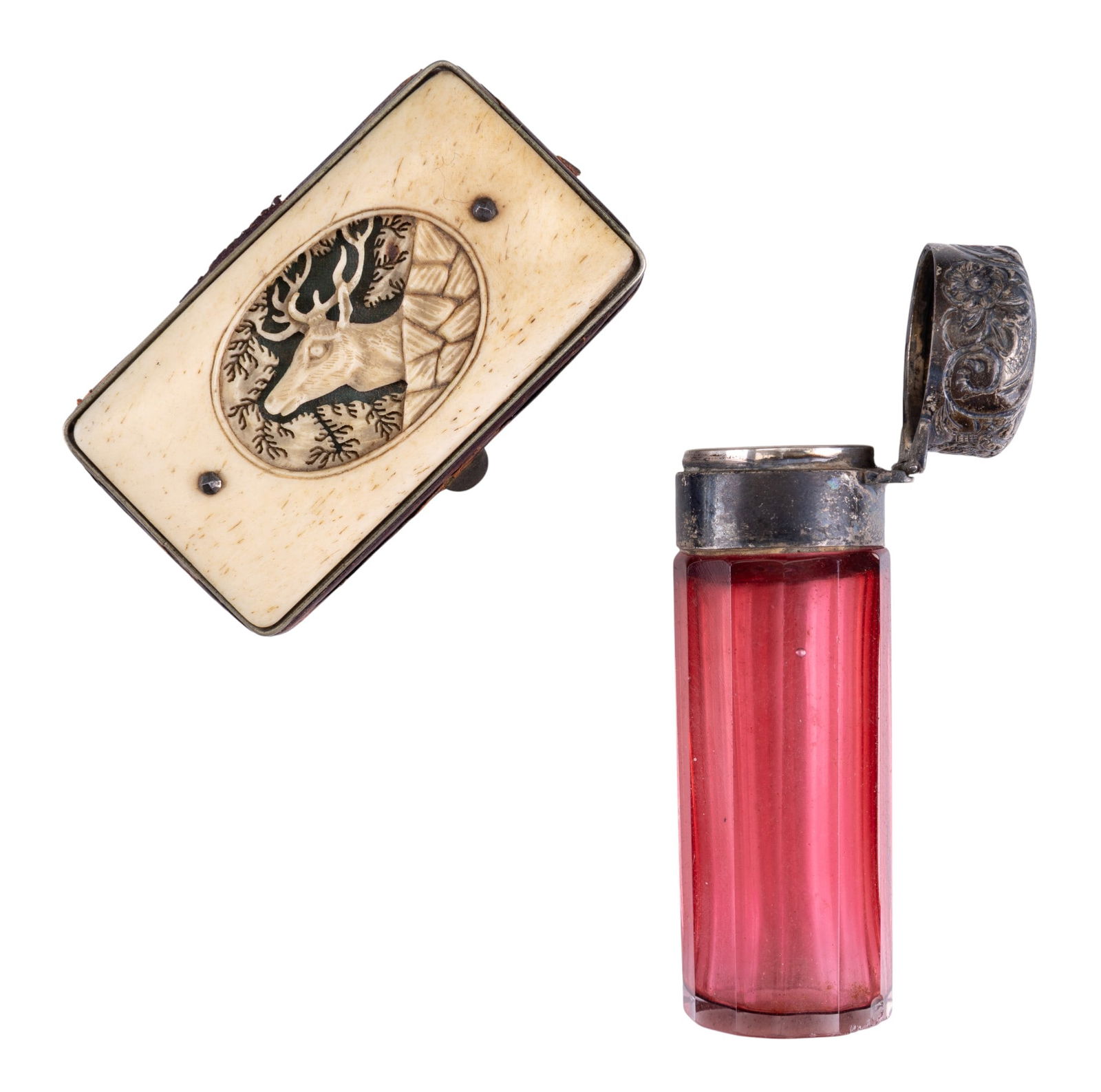925 Cranberry Glass Scent Bottle & Carved Box (1 of 9)