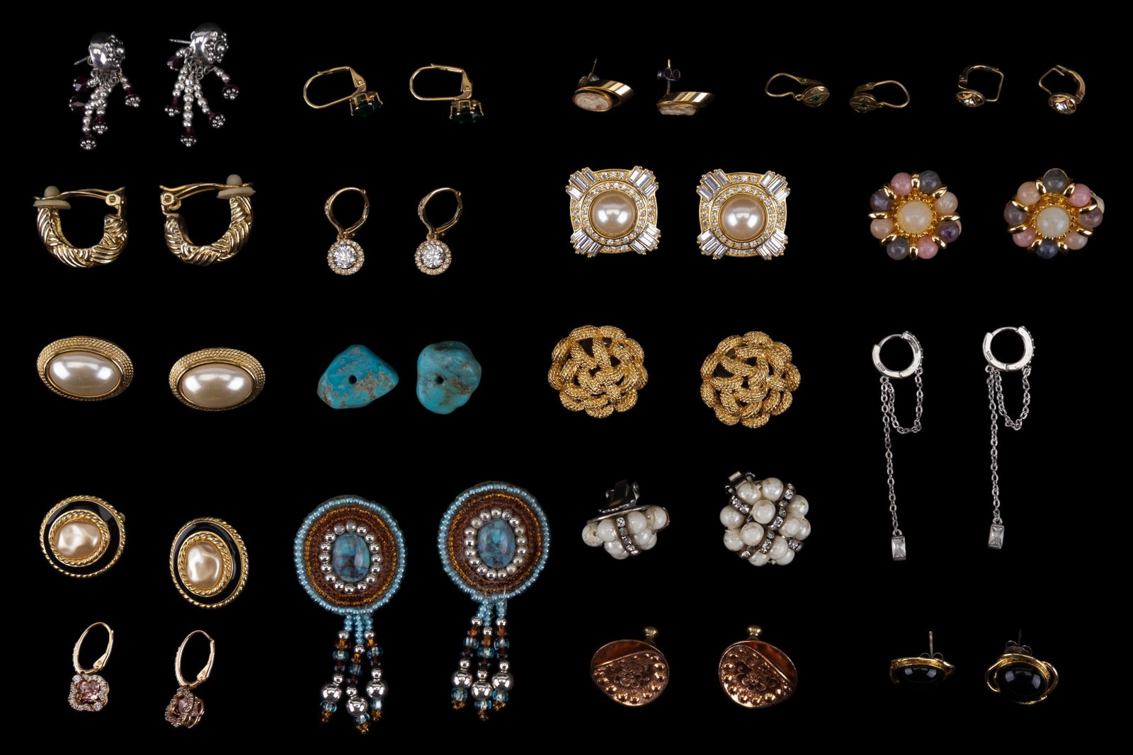 Sterling and Designer Earrings: A collection of 18 pairs of sterling and costume designer stud, hook, clip on, and screw back earrings featuring beaded sterling stud earrings from India, small hoop sterling earrings with dangling ch