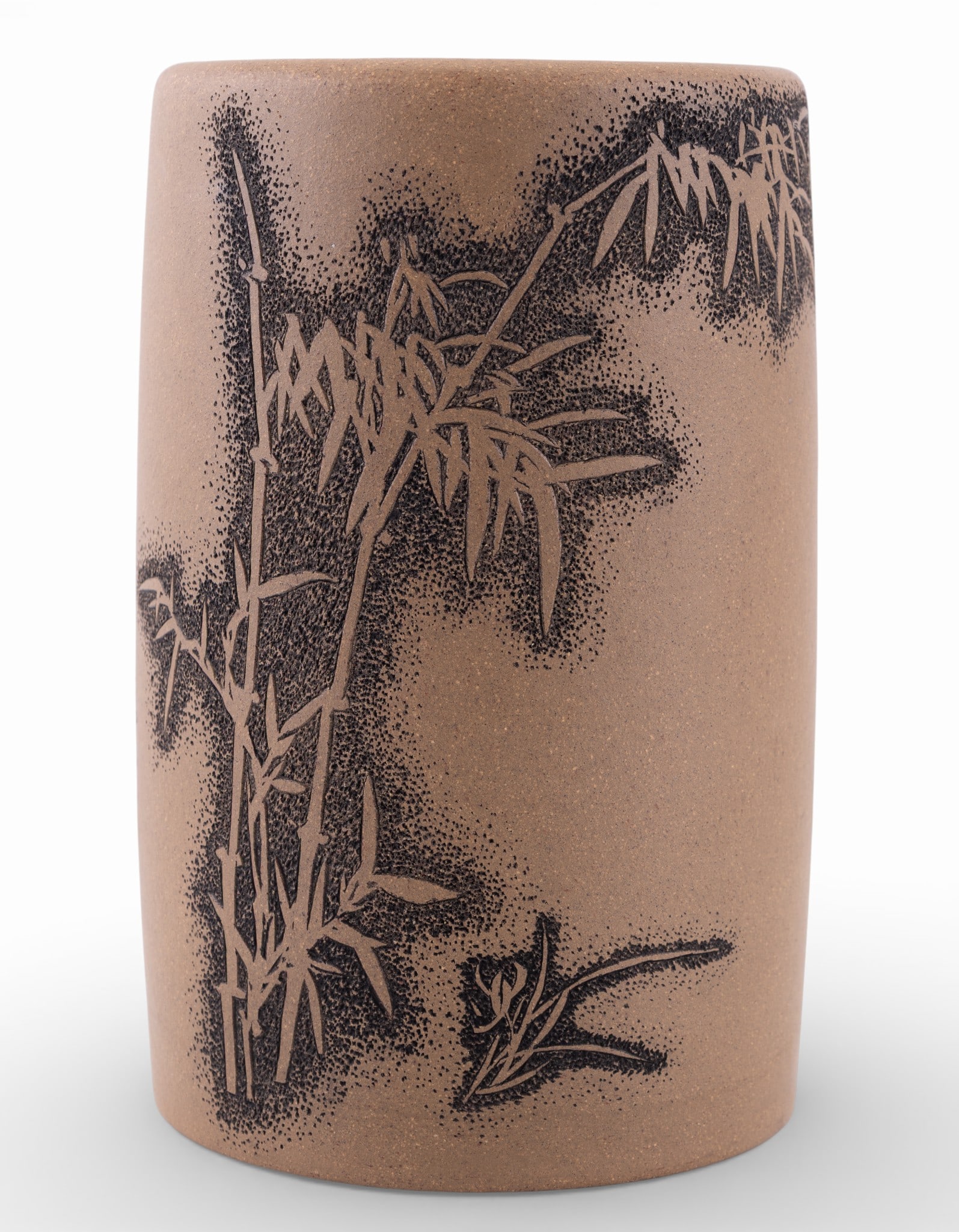 Chinese Yixing Earthenware Vase: Chinese Yixing earthenware cylindrical vessel, likely late 19th to early 20th century, decorated with incised bamboo and landscape motifs on one side and vertical calligraphic inscription on the rever