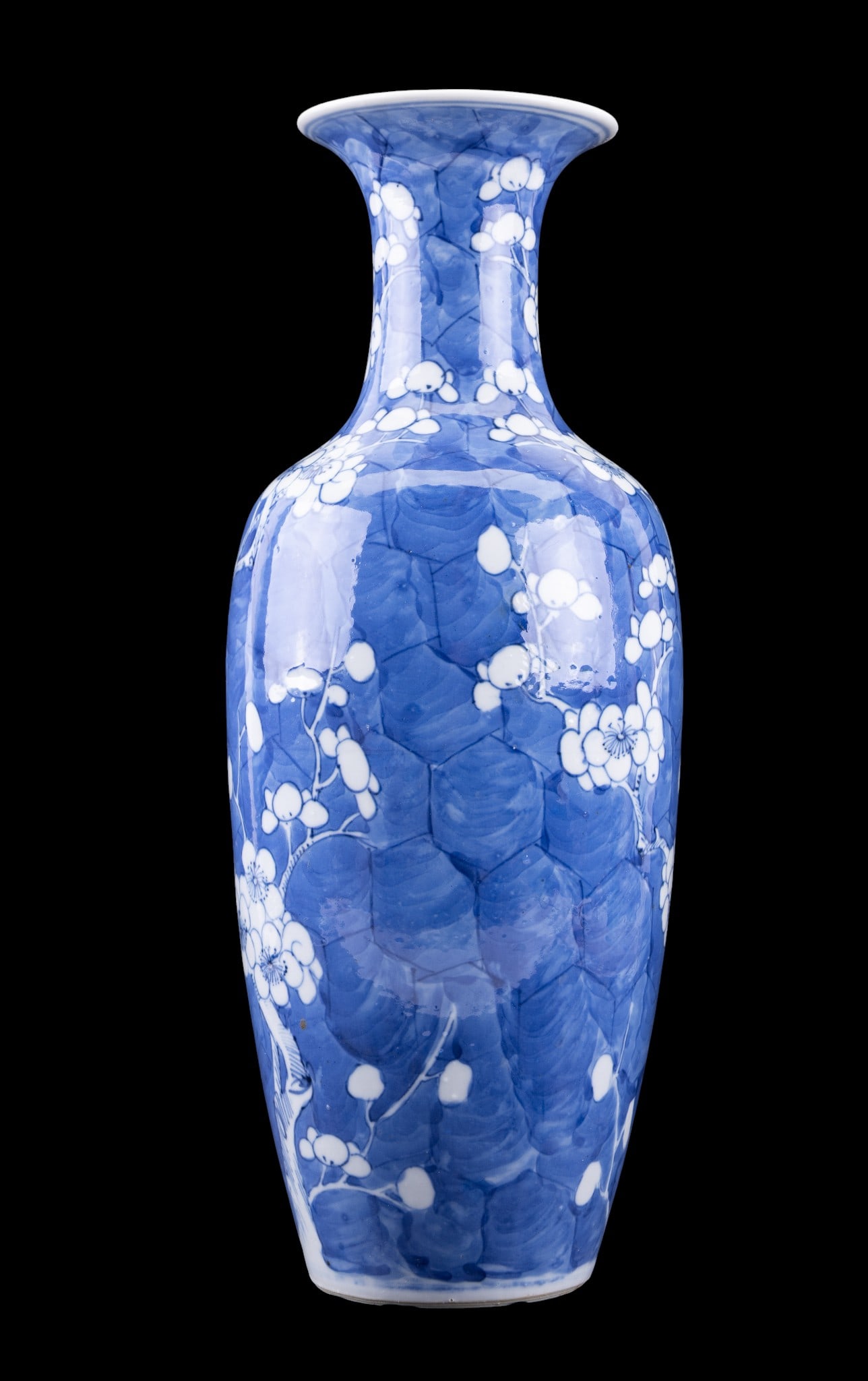 19C Chinese Blue & White Porcelain Vase: 19th century Chinese blue and white porcelain vase featuring flowering prunus blossoms. Underside to base bears Chinese 4-character mark. Measures approx. 14" H.