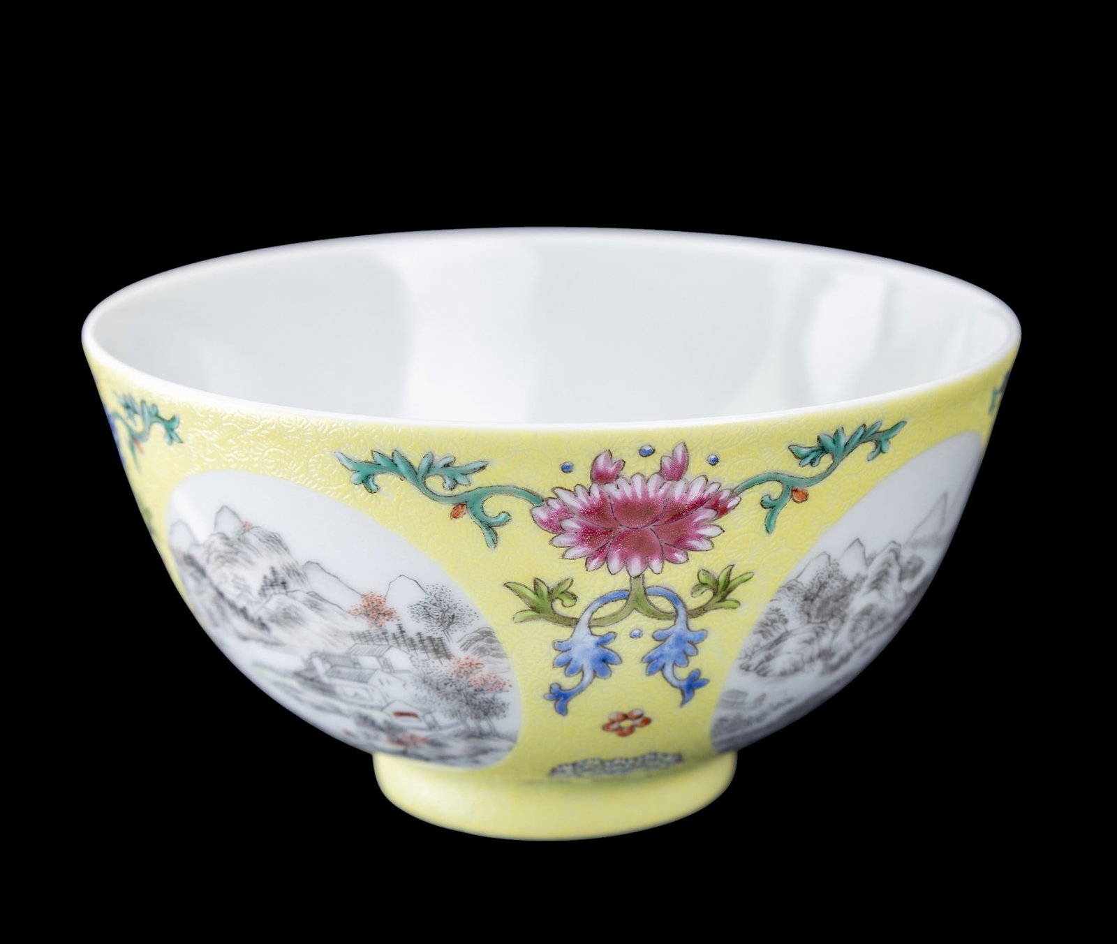 Chinese Yellow Medallion Bowl Christies Provenance: A Chinese yellow medallion porcelain rice bowl featuring hand painted village scenery medallions on the exterior, set in a yellow sgraffiato ground, with blue and pink lotus and scroll work between th