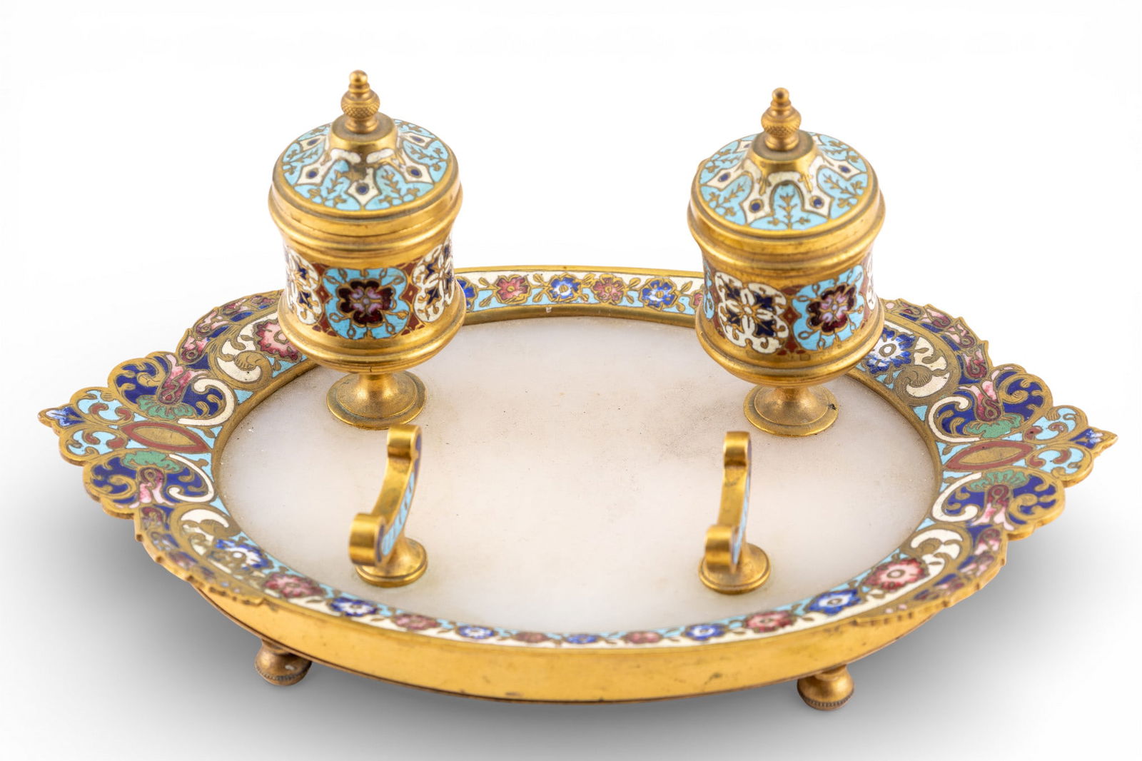 Antique French Marble and Enamel Double Inkwell (1 of 8)
