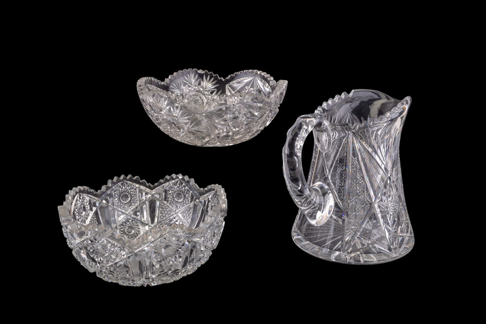 Early Cut Crystal Pitcher, Decorated Bowls (3 Pc) (1 of 8)