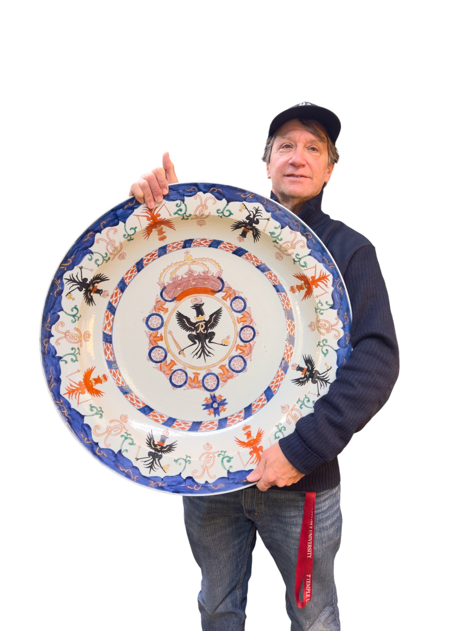 Dutch Delft Monumental Charger: Large Dutch Delft monumental charger with polychrome decoration with an elaborate design associated with King Frederick I of Prussia and the Order of the Black Eagle. Measures approx. 27" diameter.