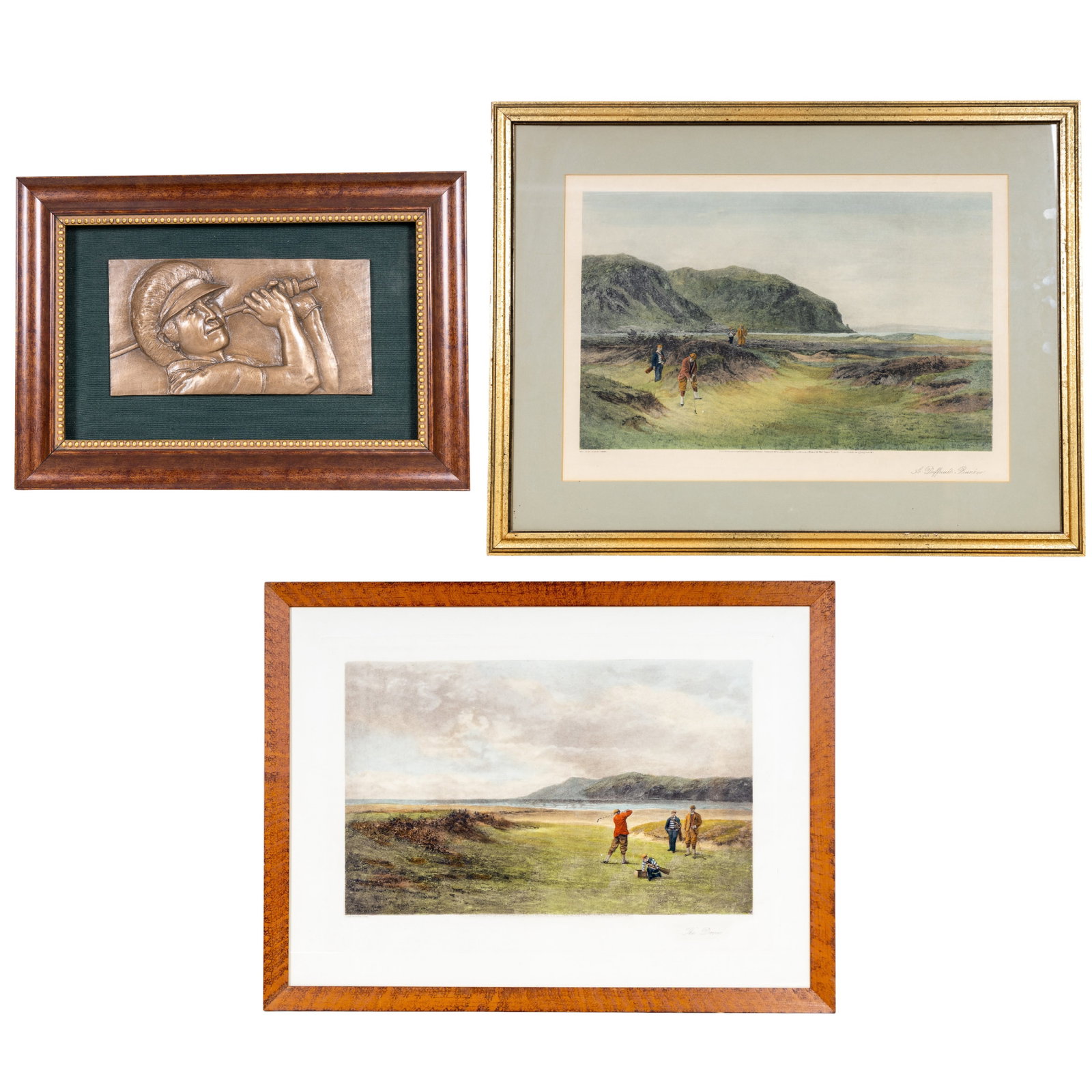 Douglas Adams (1853-1920) Lithographs and Wall Art: Two framed plate signed color lithographs by Douglas Adams (1853-1920) one matted titled 'A Different Bunker', measures approx. 25.5" H x 33.5" W, the other titled 'The Drive' measures approx. 26" H x