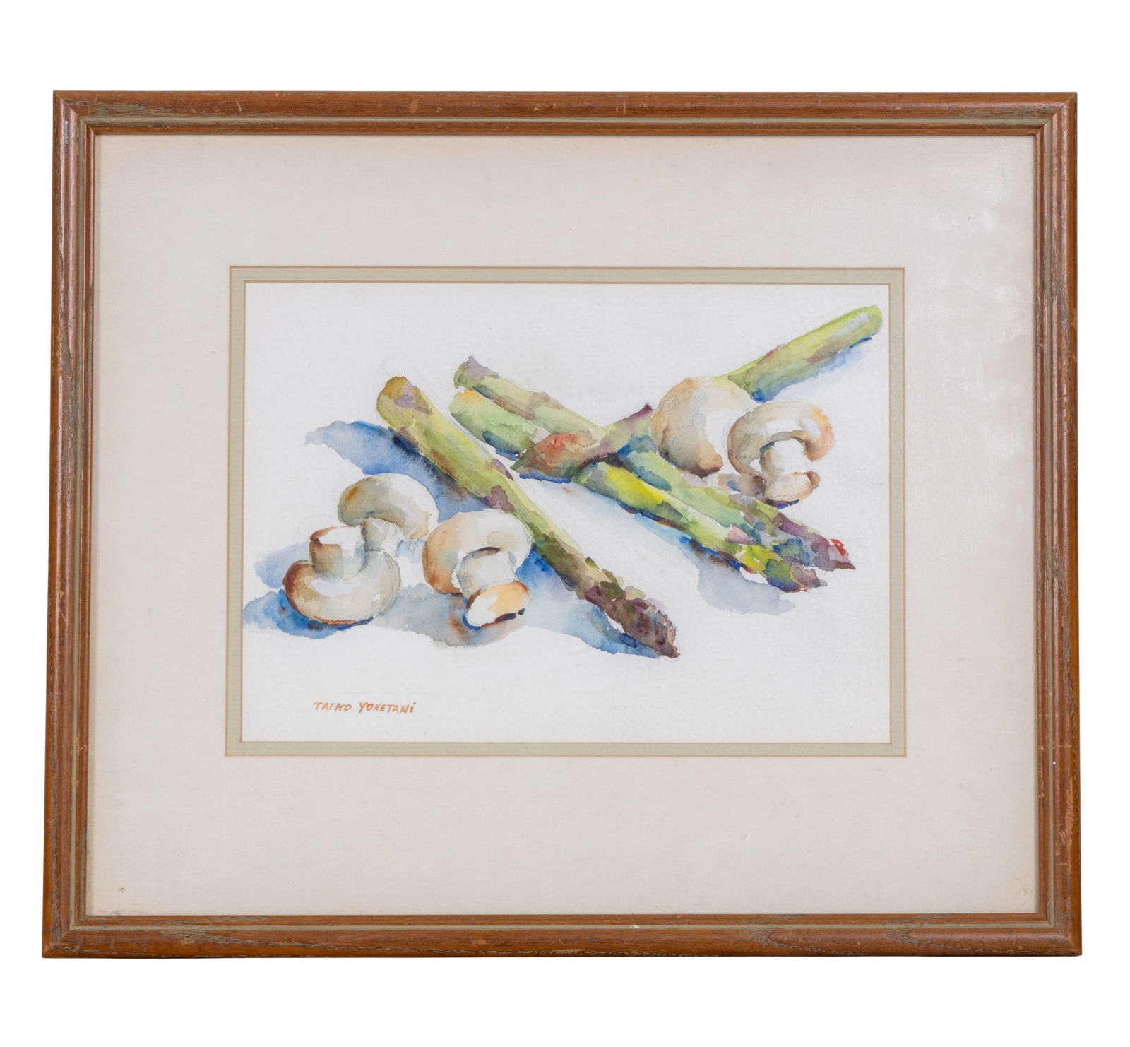 Taeko Yonetani Watercolor Still Life Vegetables: Original watercolor on paper by Japanese artist Taeko Yonetani, featuring a still life of green asparagus and sliced mushrooms. Signed "Taeko Yonetani" in lower left. Measures approx. 16" H x 19" W OD