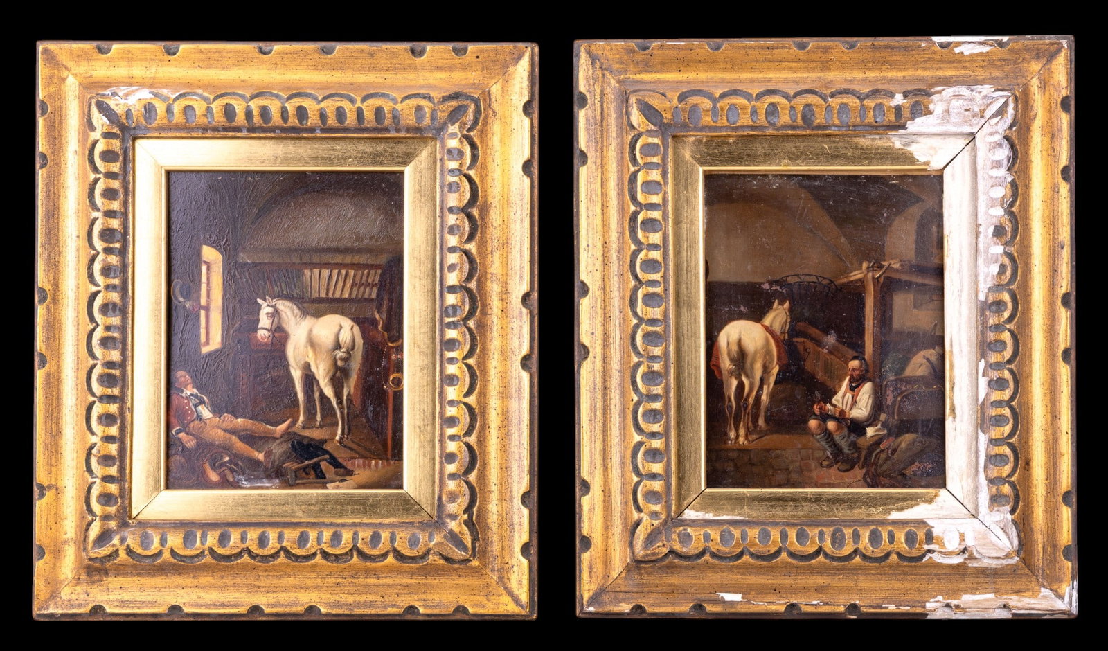 Pair of 18th/19th Framed Oil on Tin Paintings: Set of two gilt framed oil paintings on tin, not signed but 'R. Harvey' is scratched into each frame, each depicting a man and horse in stables. Note there is heavy chipping and wear to the frames, 12