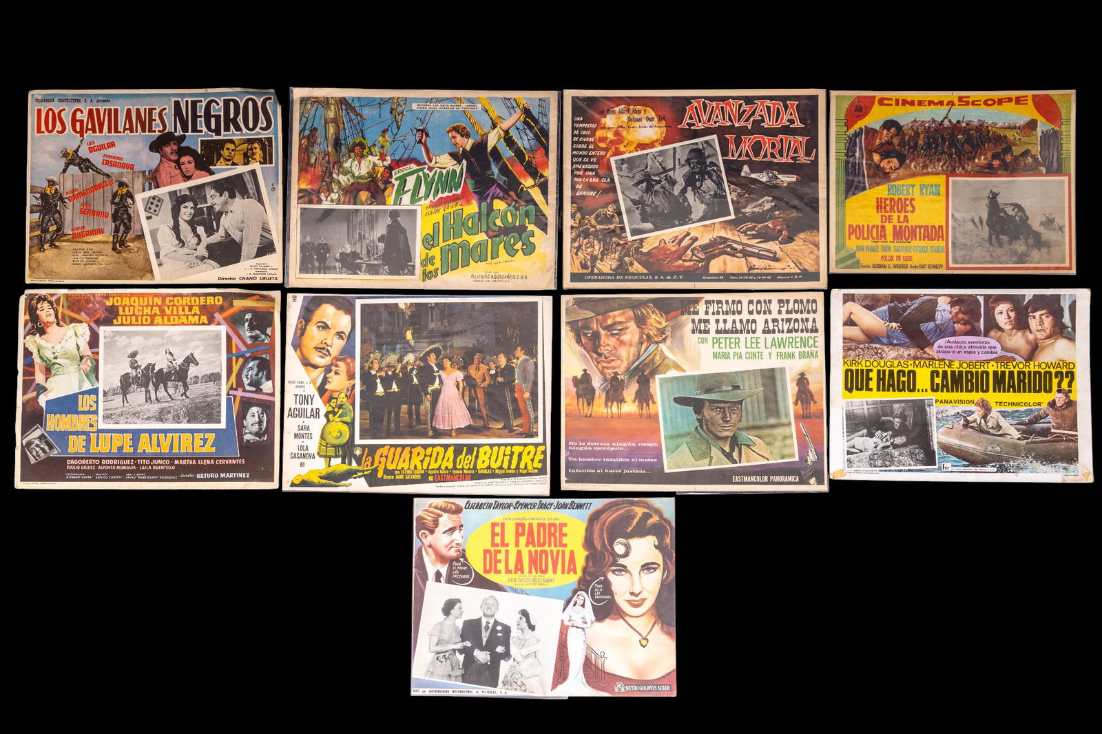 Nine Movie Posters/Lobby Cards 1950-70s: Nine Spanish / spanish-version Movie Posters/Lobby Cards 1950-70s including various movies and actors Errol Flynn, Elizabeth Taylor, Kirk Douglas, Tony Aguilar, and more, measuring approx 12.5 x