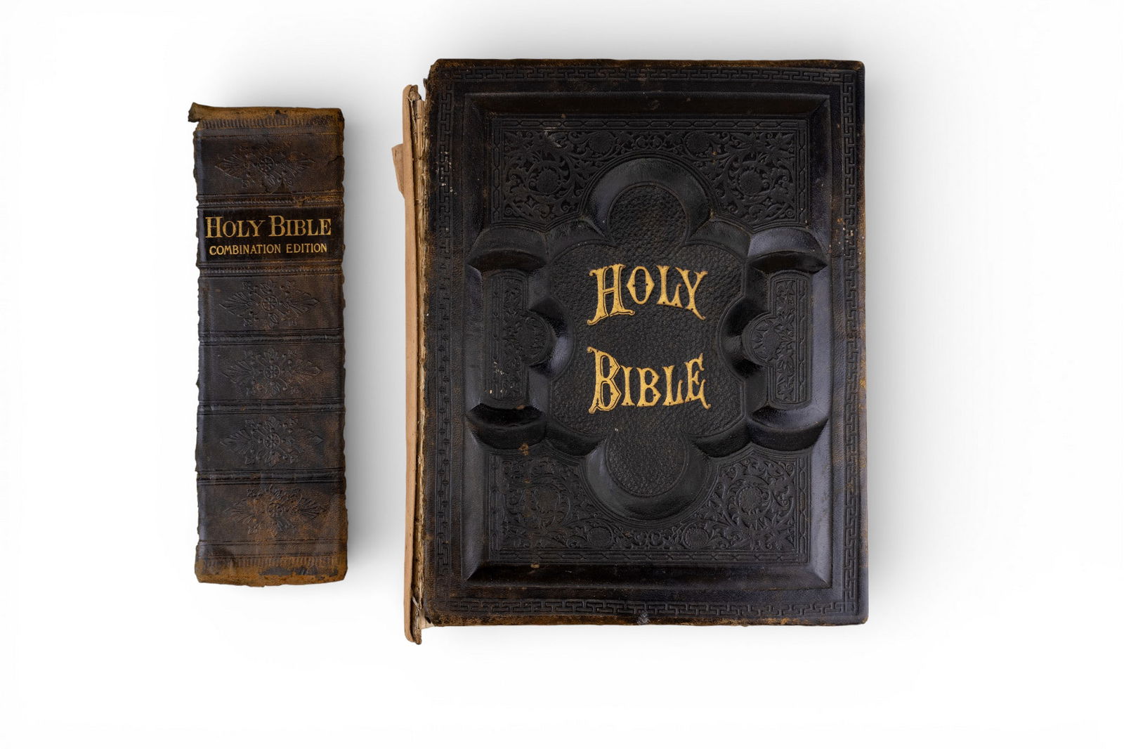 Early 20th C Pictorial Family Bible: A large leather bound pictorial family bible featuring water marbled interior, color lithographic illustrations, and a dedication page dated August 5th, 1906. Note the leather cover of the spine will