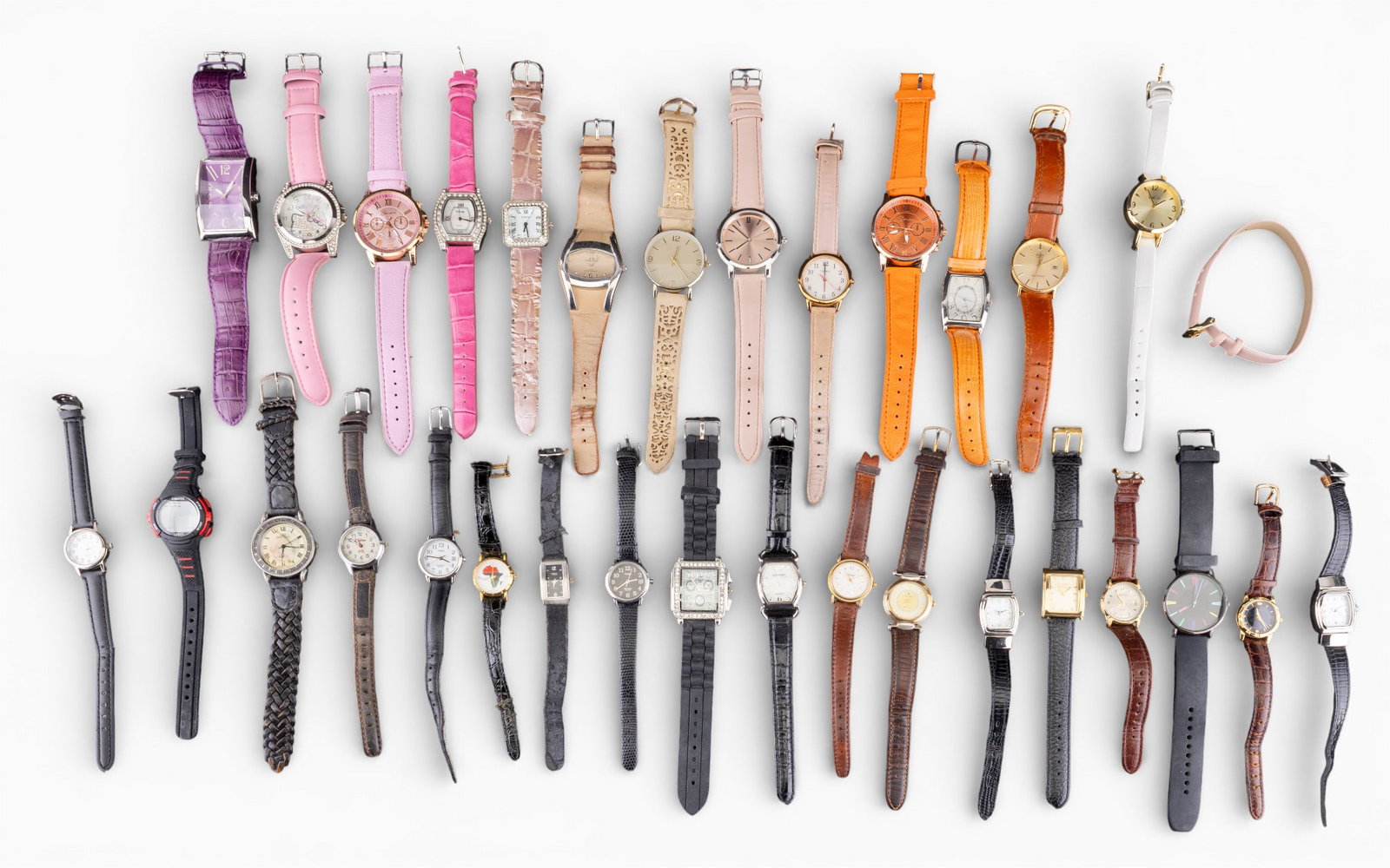 30 Watches Grouping, Various Brands: 30 Watches from brands such as Anne Klein, Gossip, Rumours, Timex, Geneva, Infinity, Guess, Accua, and more. Watches are untested and in as is condition.