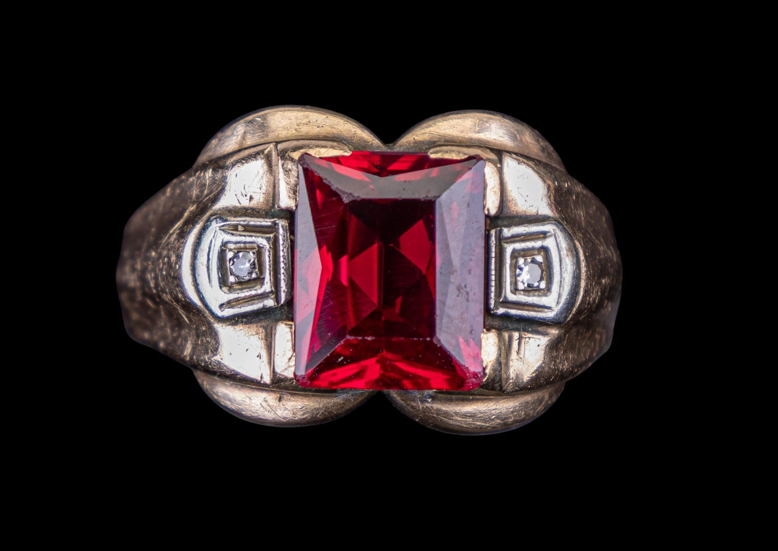 Mens 10k Gold Ruby Ring + Class Ring - 4
