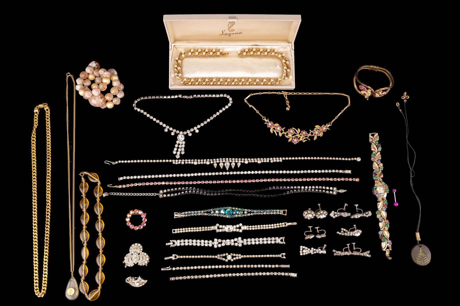 Trifari and Vintage Rhinestone Jewelry: Trifari gold tone and pearl necklace, several rhinestone necklaces, cocktail watch and more.