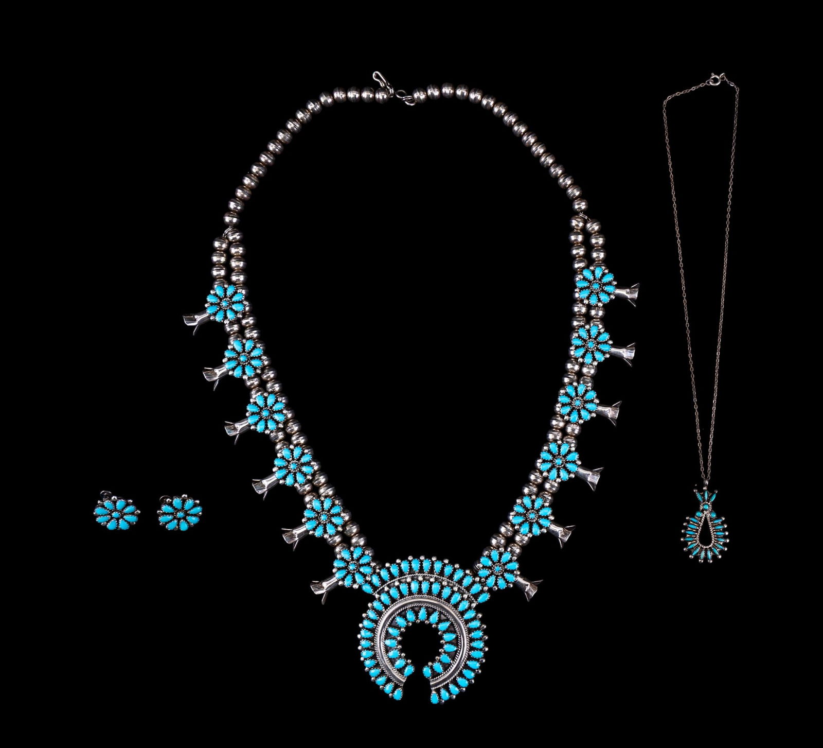 Turquoise and Sterling Squash Blossom Necklace (1 of 6)
