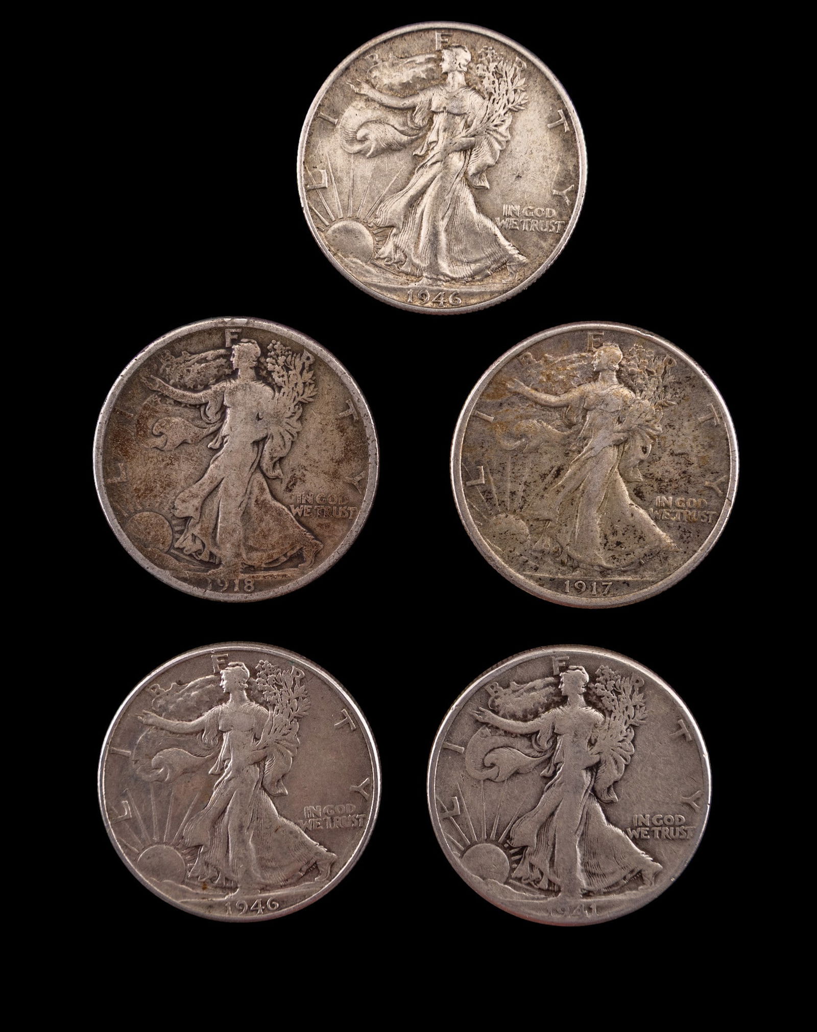 5 Walking Liberty Silver Half Dollars c1917-46 (1 of 2)
