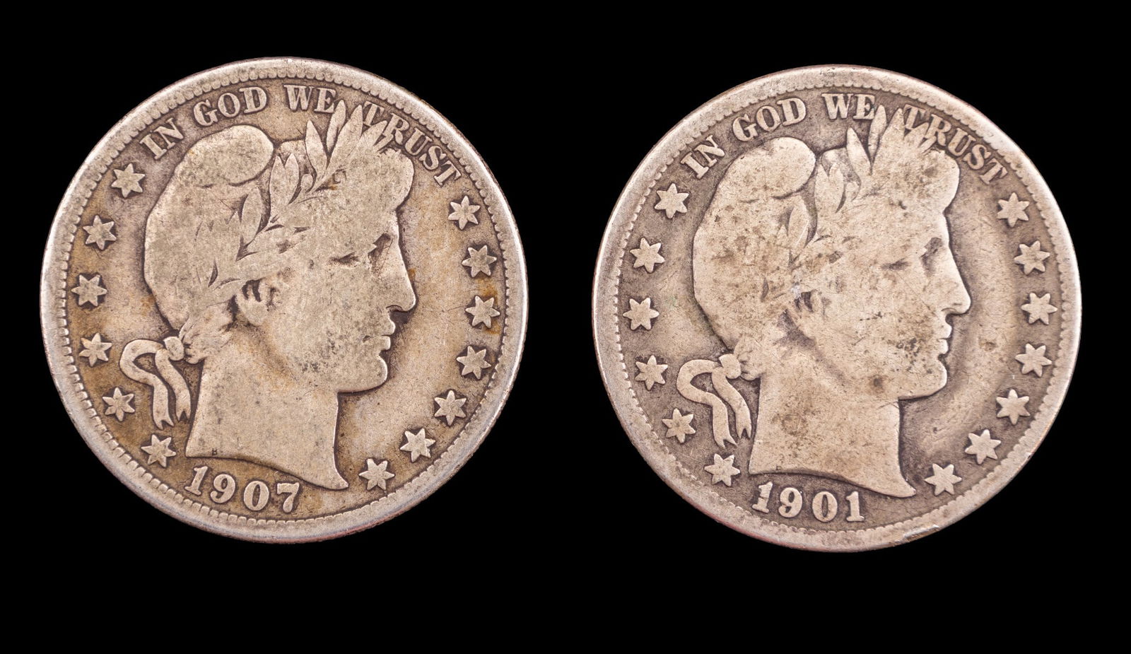 2 Barber Silver Half Dollars (1901O + 1907D) (1 of 2)