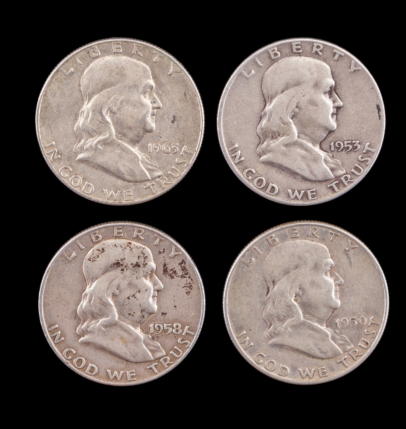 4 Denver Mint Franklin Silver Half Dollars c1950s (1 of 2)