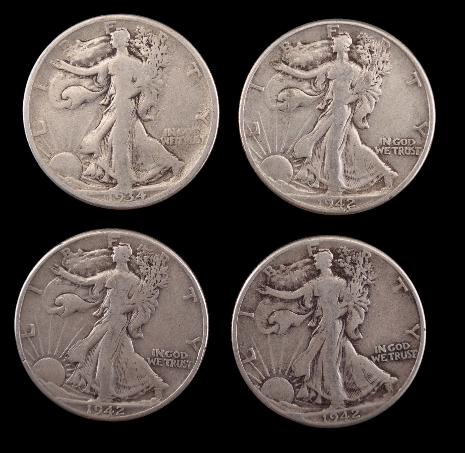 4 Walking Liberty Silver Half Dollars c1932-42 (1 of 2)