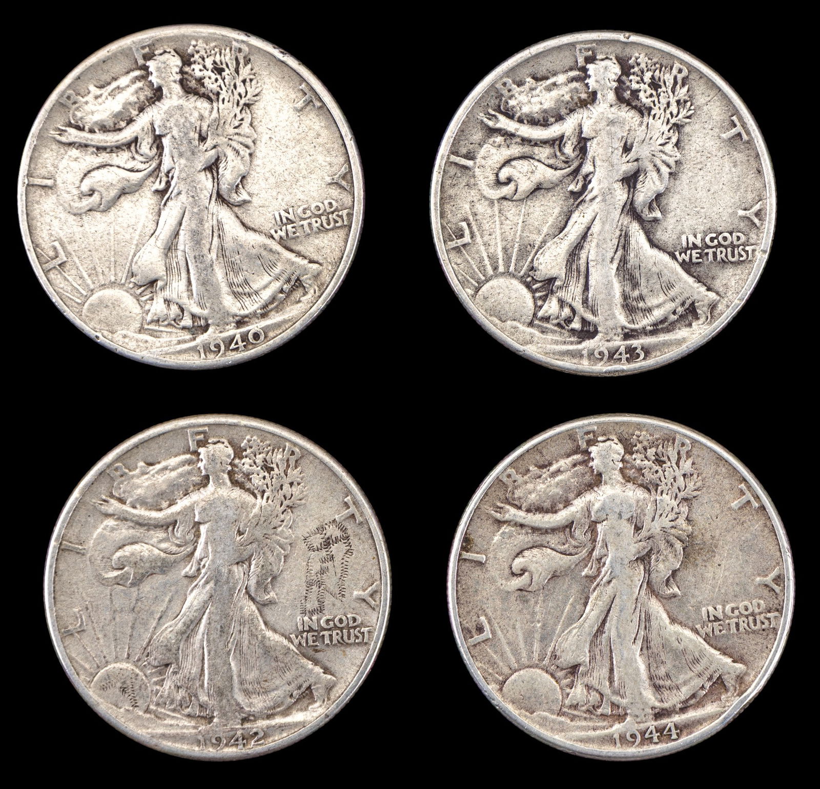 Four Walking Liberty Half Dollars, 1940s (1 of 2)