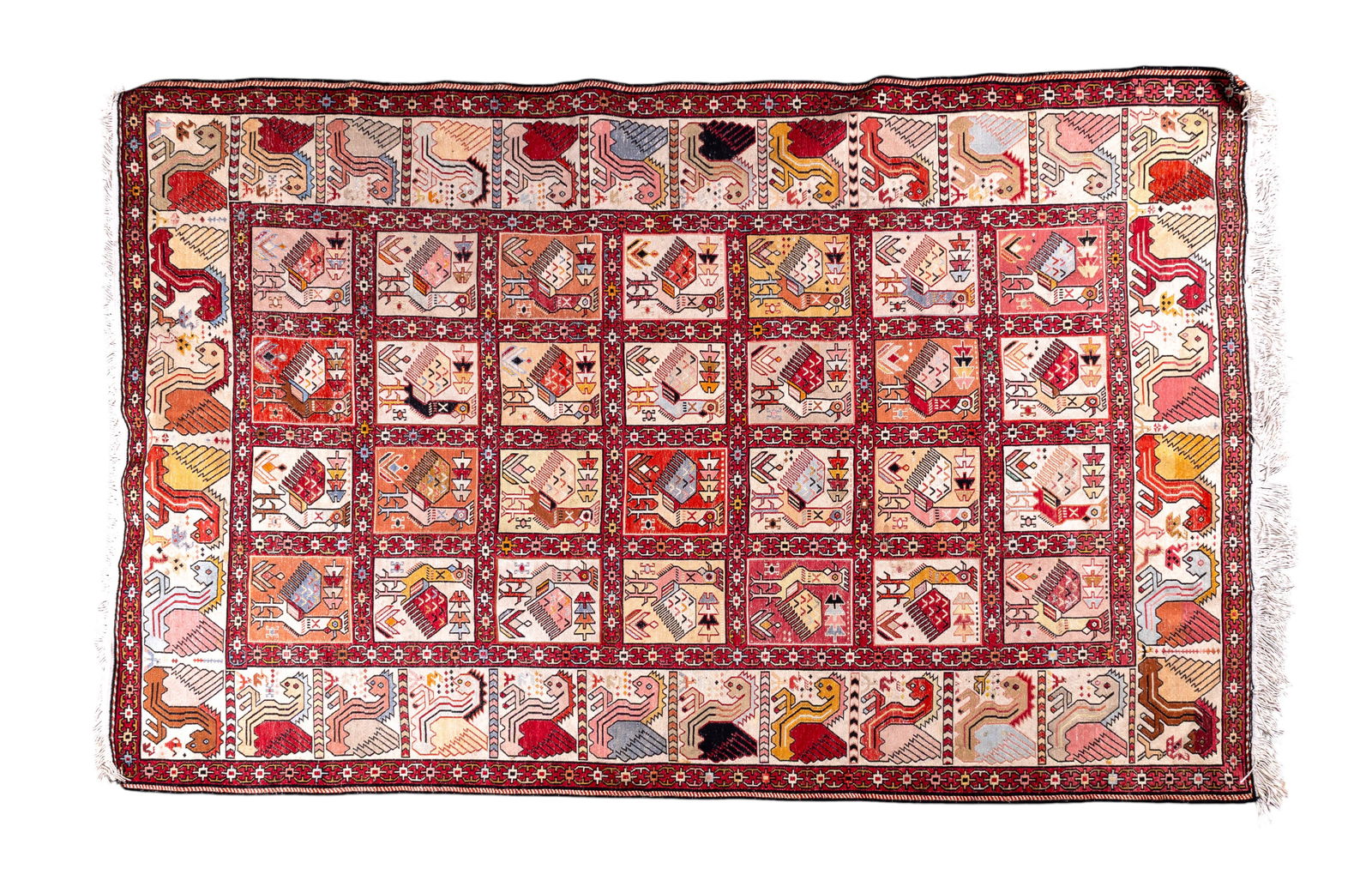 Caucasian Silk Flat Weave Area Rug: A hand woven Caucasian silk flat weave hand woven area pictorial rug featuring chickens and Pegasus, note some fringe loss, measures approx. 6'3" L x 4' W