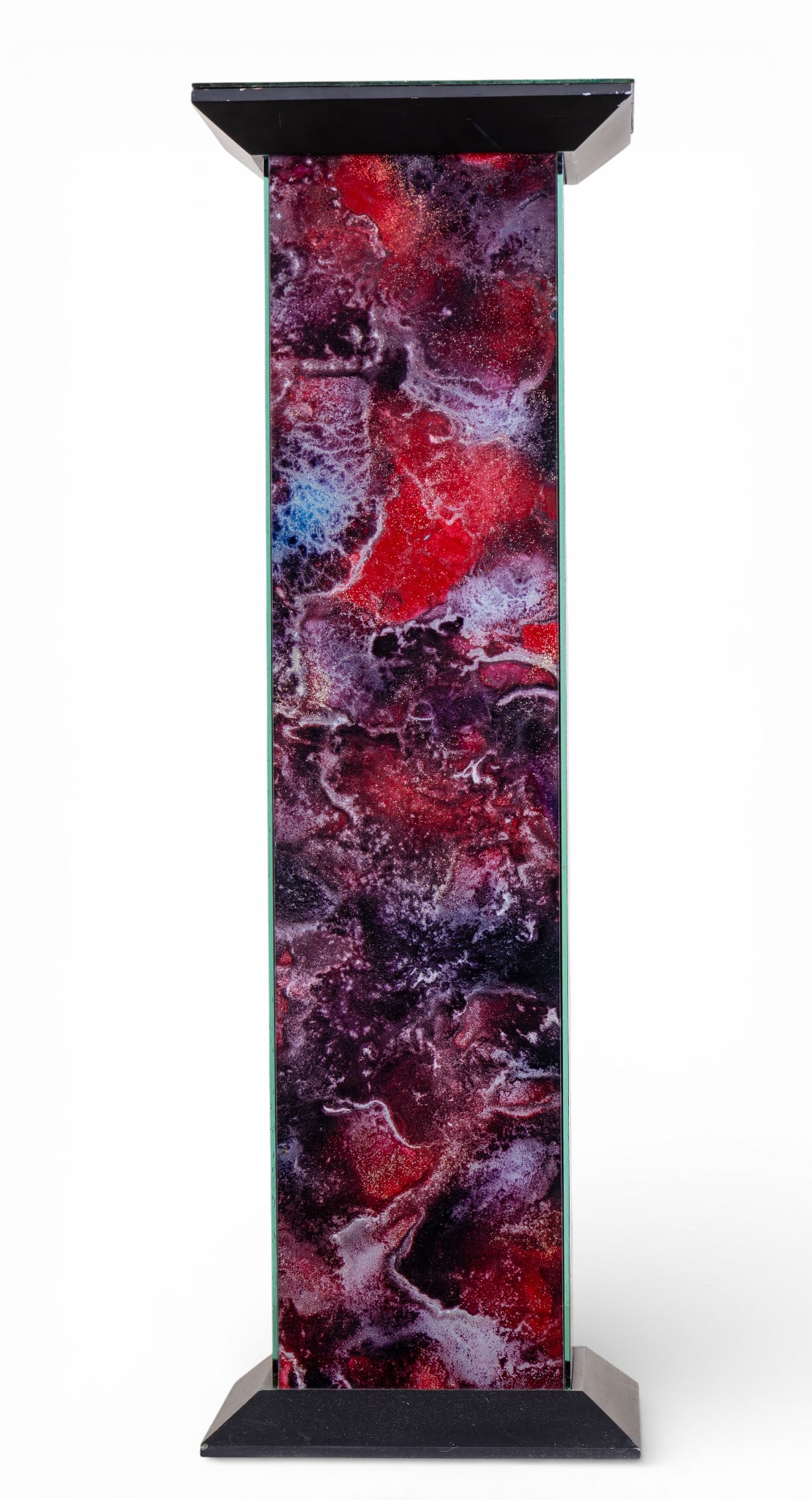 Marbled Glass Pedestal/ Display Stand: Decorative pedestal or display stand featuring a square beveled, marbled glass top set over a vertical column constructed of marbled art glass panels in mottled tones. Measures approx. 35.5" H x