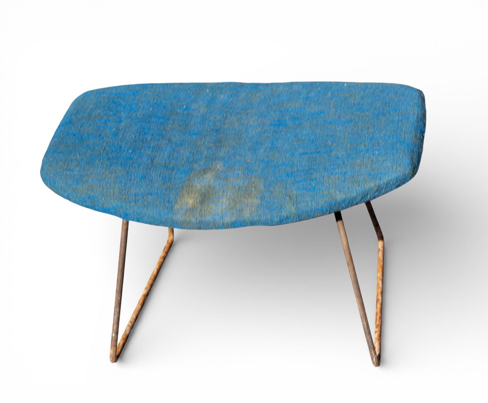 Knoll Blue Footstool: Knoll wire-mesh ottoman/footstool with blue upholstery. Retains original labels. Measures approx. 14" H x 24" W x 18" D.