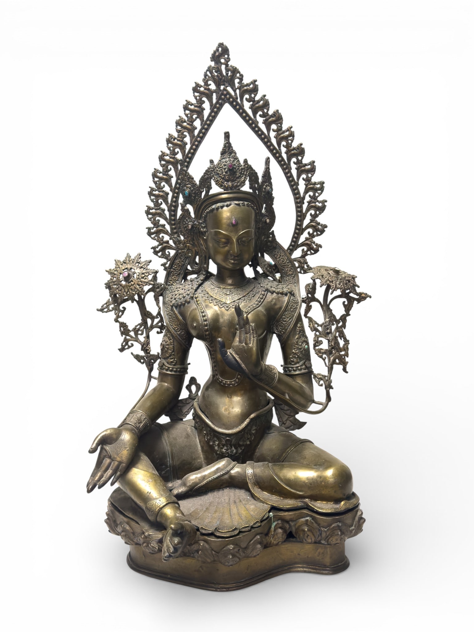 Tibetan Bronze Tara Bodhisattva Statue ~3'H: A monumental size Tibetan bronze statue depicting the Buddhist Bodhisattva Goddess Green Tara, featuring turquoise and other stone inlay. Statue consists of three pieces including the base, the main