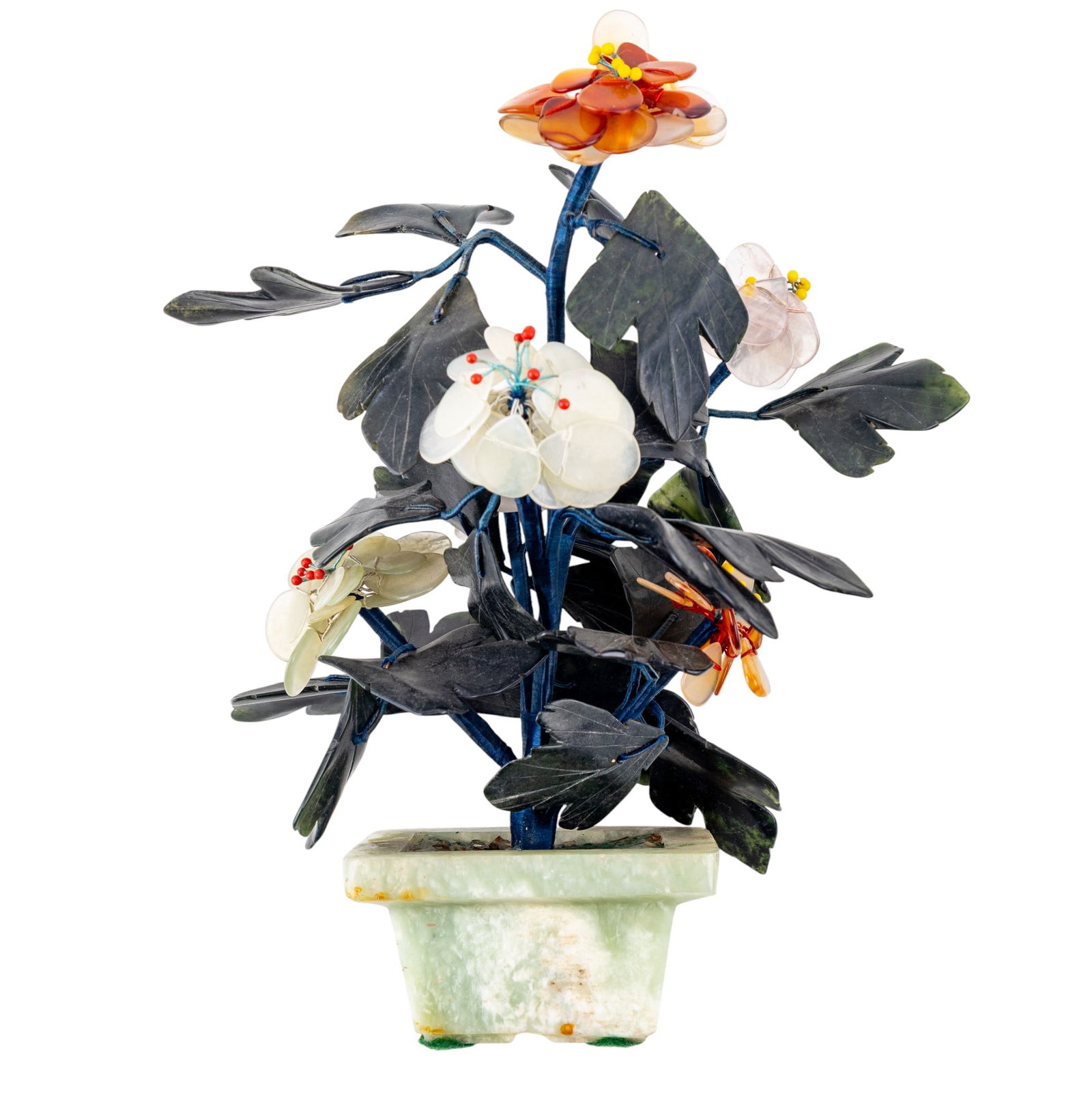 Tabletop Jade Tree in Planter: A table top decorative jade tree featuring a jade planter base and carnelian and rose quartz flowers, measures approx. 8.5" H.