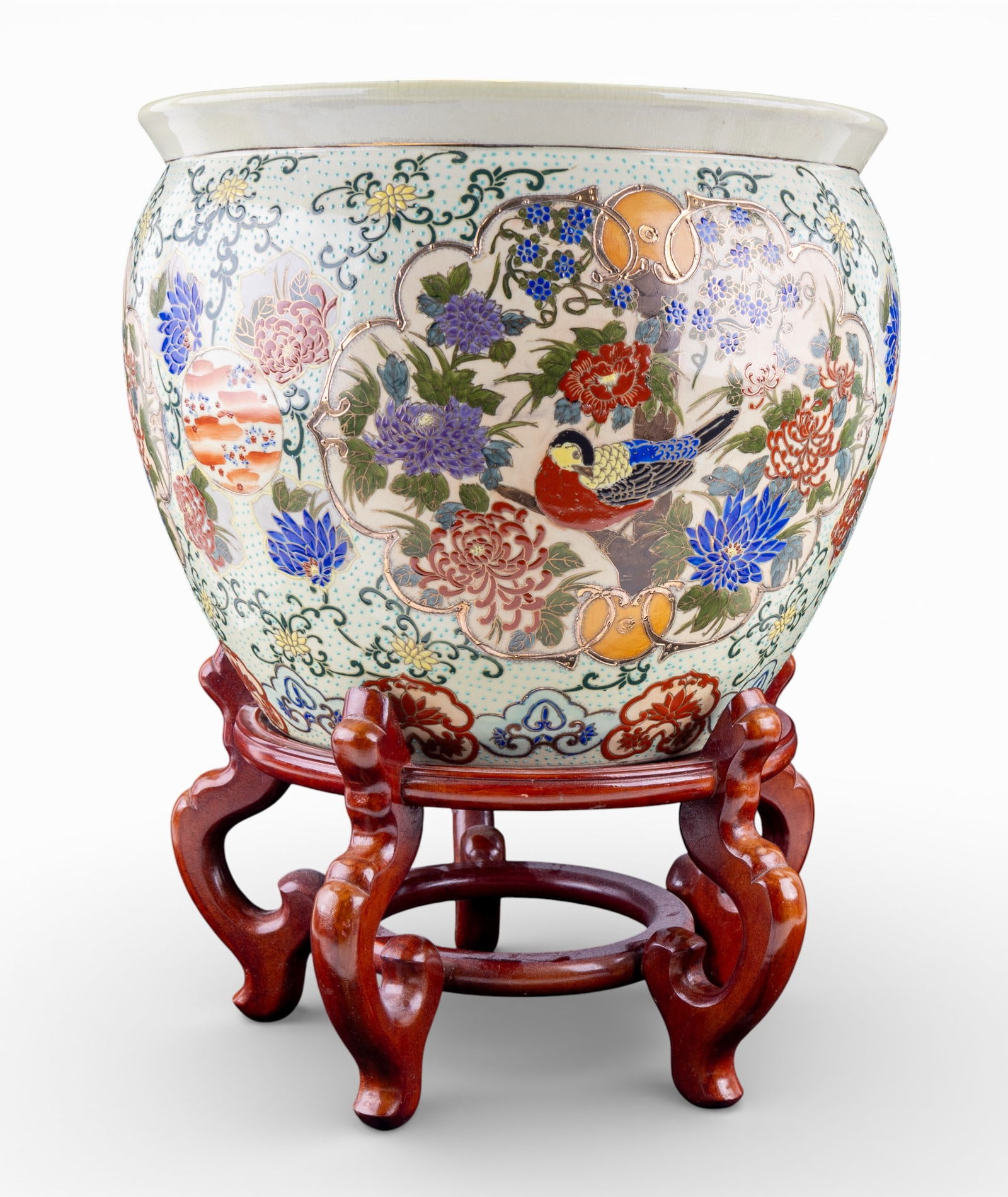 Vintage Chinese Porcelain Planter: Hand-decorated Chinese porcelain planter / fish bowl featuring a pale interior with swiming fish and aquatic motif, the exterior enameled with multicolored chrysanthemum and floral panels, scrolling v