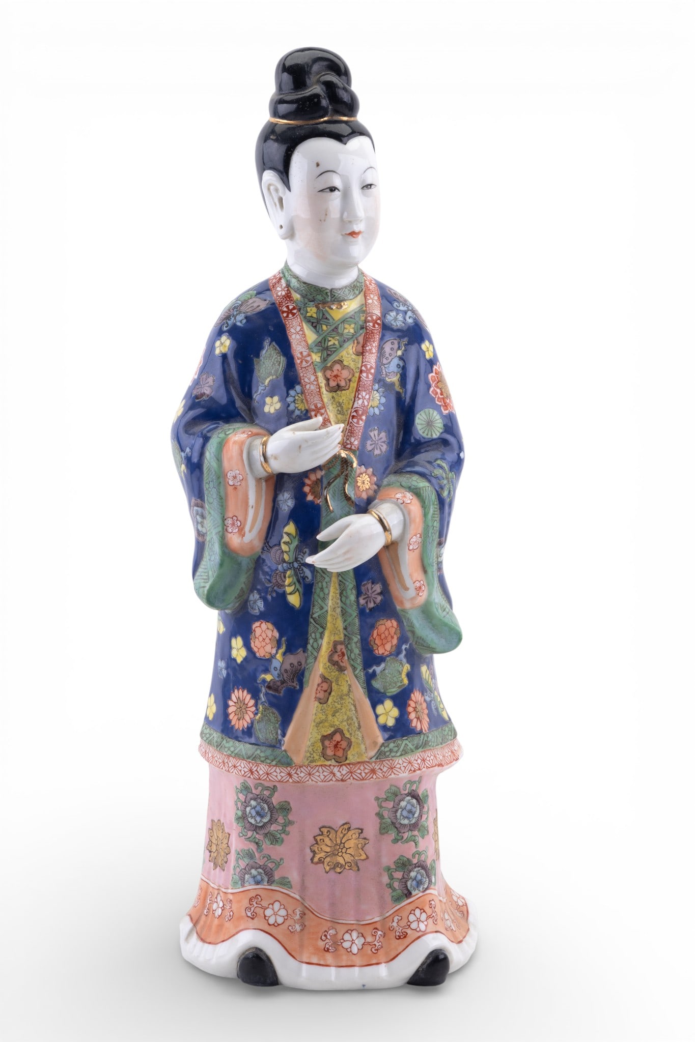 Chinese Famille Rose Porcelain Figure: Chinese Famille Rose porcelain figure, modeled as a court lady wearing a patterned robe decorated with floral and symbolic motifs in polychrome enamels. Underside bears a red painted seal mark. Measur