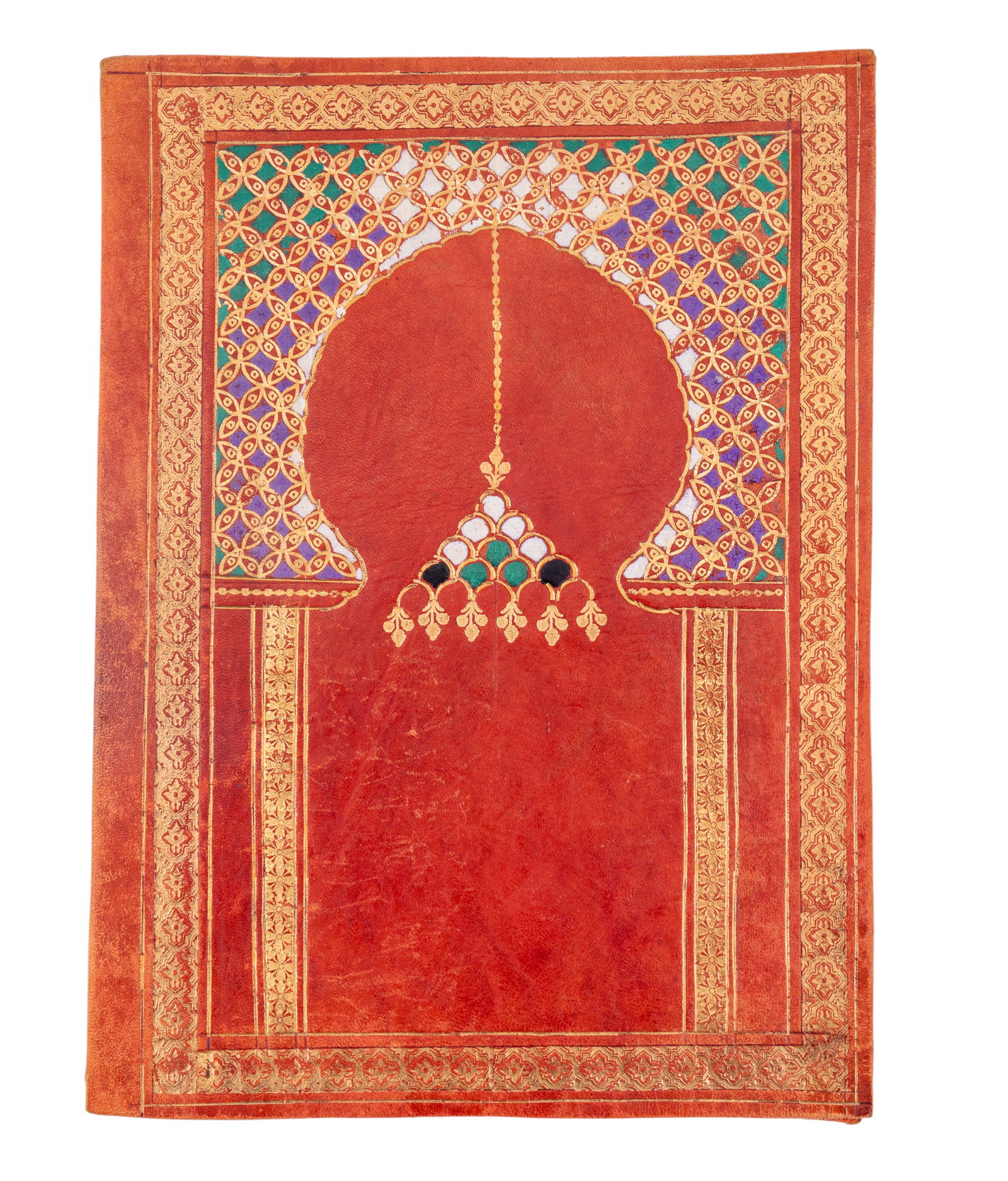 Early Gilt Red Leather Quran Cover: A fine early gilt red leather Quran cover featuring green, purple, white, and black painted details, measures approx. 13" H x 9.5" W.