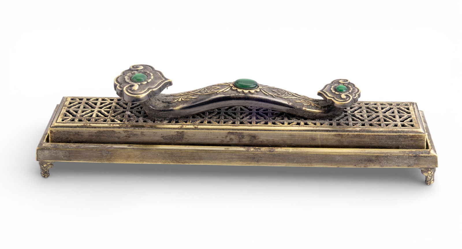 Chinese Contemporary Incense Burner: A contemporary Chinese brass footed incense burner featuring green glass cabochons and a pierced lid, measures approx. 9" L.