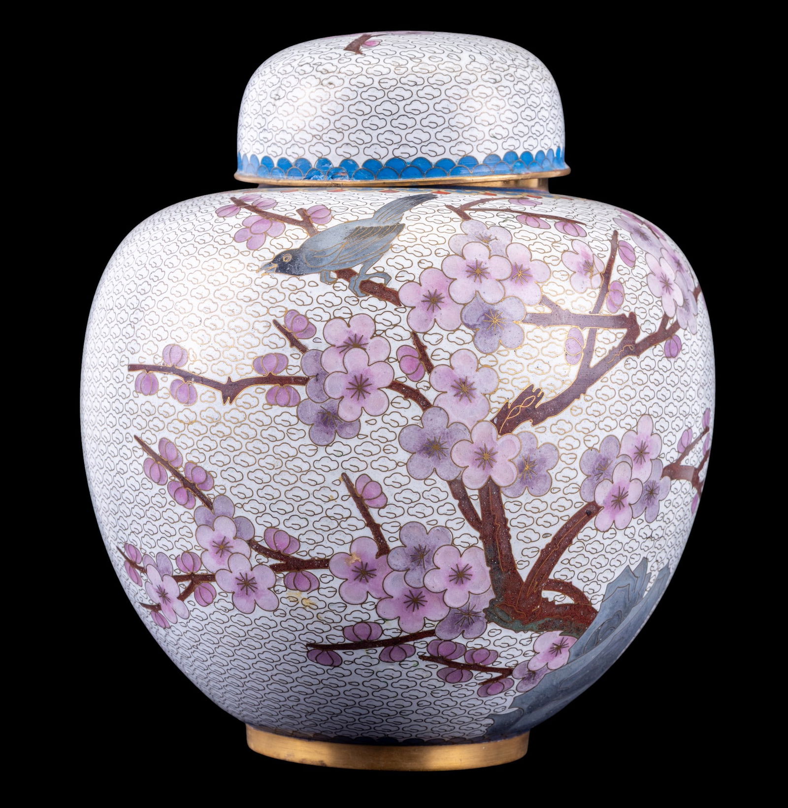 Chinese Cloisonne Ginger Jar: Lidded Chinese Cloisonne ginger jar featuring cherry blossom and bird motifs with gilt highlights. Measures approx. 9.5" H