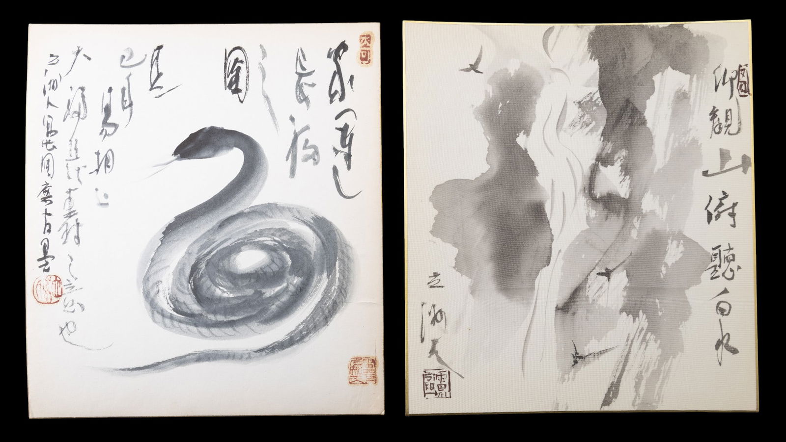 Pair of Japanese Shodo Ink Wash Paintings: Pair of Japanese ink wash paintings on paper. One work depicts an abstract coiled serpent, while the other depicts mountains or a waterfall. Both feature accompanying calligraphy and red seal marks. E