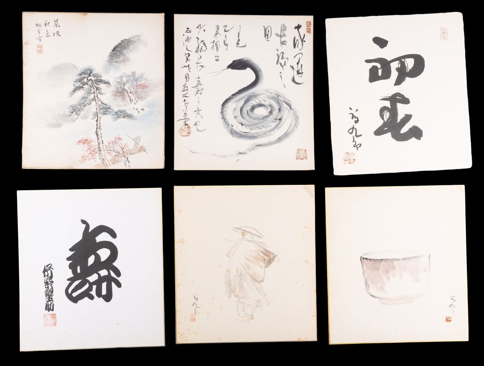 Japanese Watercolor, Shodo, and Inkwash on Board: A collection of 5 Japanese watercolor, shodo calligraphy, and inkwash paintings on board including two shodo calligraphy panels, an inkwash of a snake, and watercolor panels depicting a man dancing an