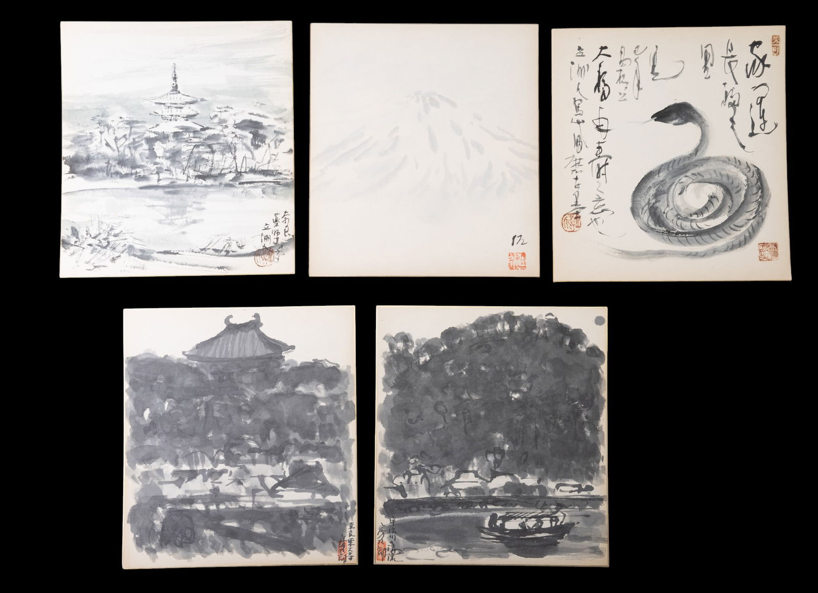 Japanese Inkwash Paintings on Board: A collection of 5 Japanese inkwash landscapes of a mountain, a temple, river scene, a snake, and a pagoda, on board, each with paper sleeves. Boards measure approx. 9.5" W x 10.75" H.