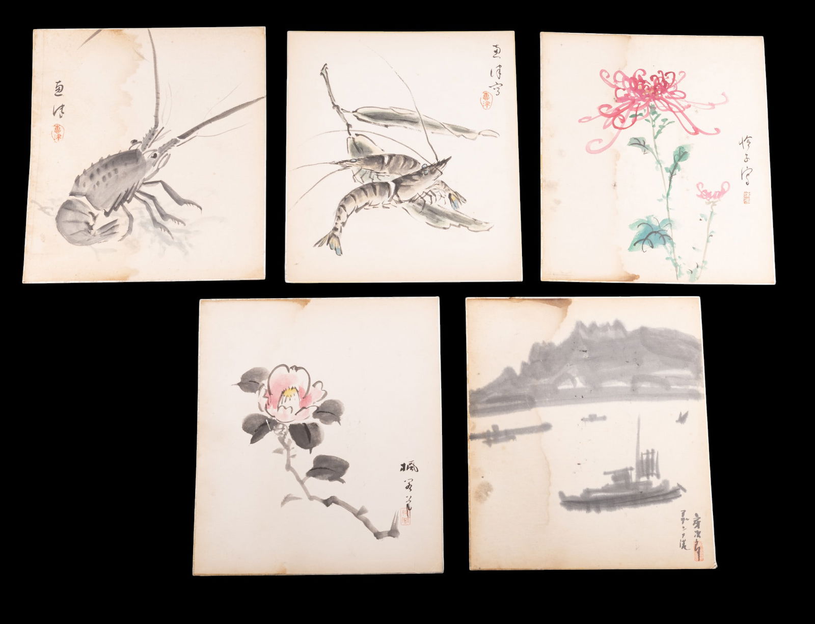Japanese Inkwash and Watercolor Paintings on Board: A collection of 5 Japanese inkwash and watercolor paintings on board including two watercolor floral, ink and water color shrimps, and inkwash crawfish and boats. All boards measure approx. 9.5" W x 1