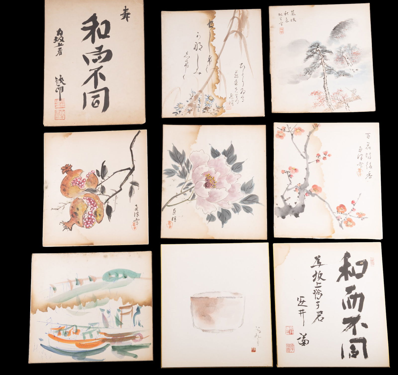 Japanese Shodo and Watercolor on Board: A collection of 8 Japanese shodo calligraphy and watercolor paintings including two shodo, one measures approx. 9.5" W x 13" H, and watercolor paintings depicting flowers and abstract scenery, measuri
