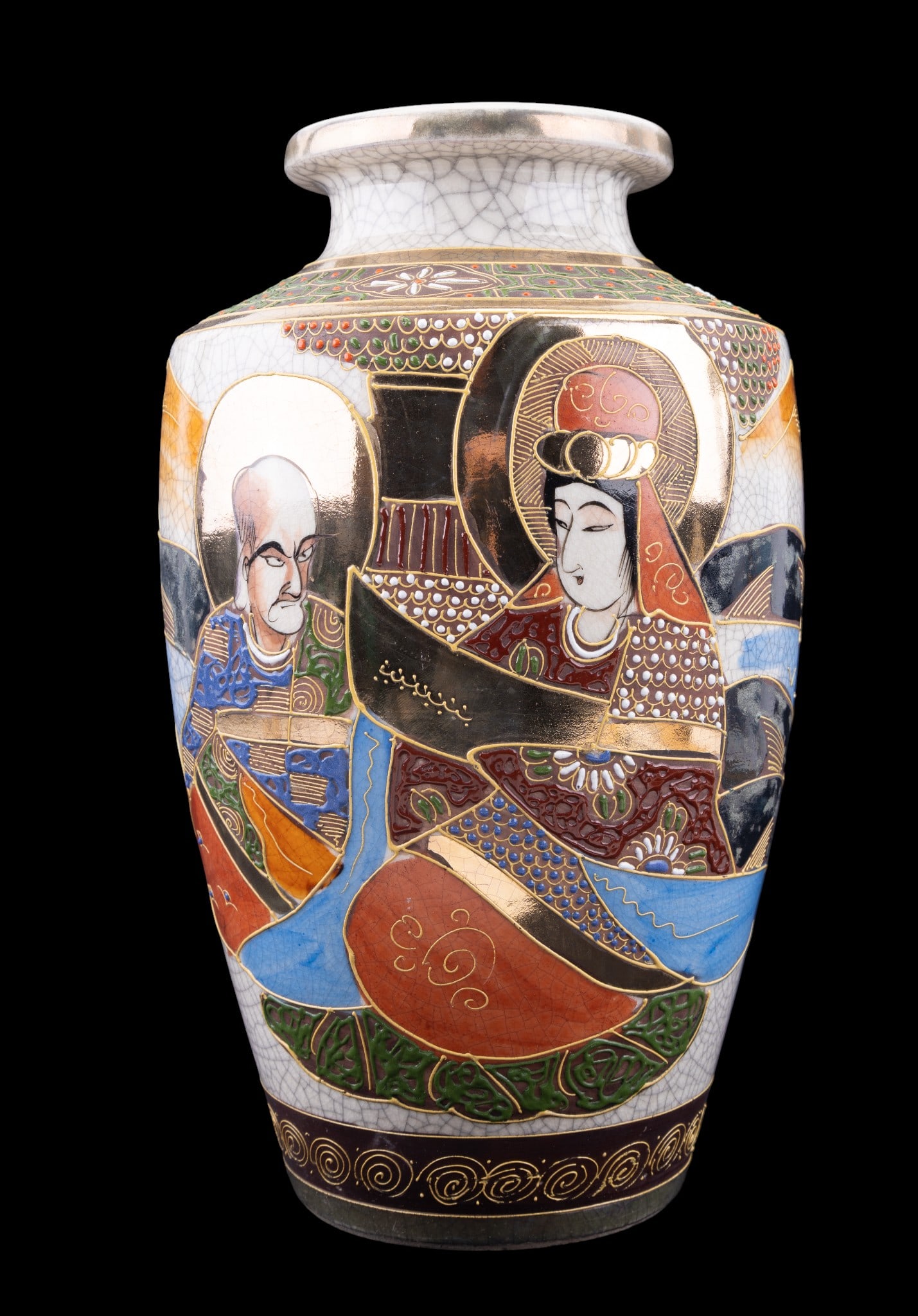 Japanese Satsuma Vase: Baluster-form Japanese Satsuma vase, decorated in polychrome enamels and gilt over a crackle-glazed ground. Body features mountainous landscapes and figural court scenes. Base marked "Made in Japan".
