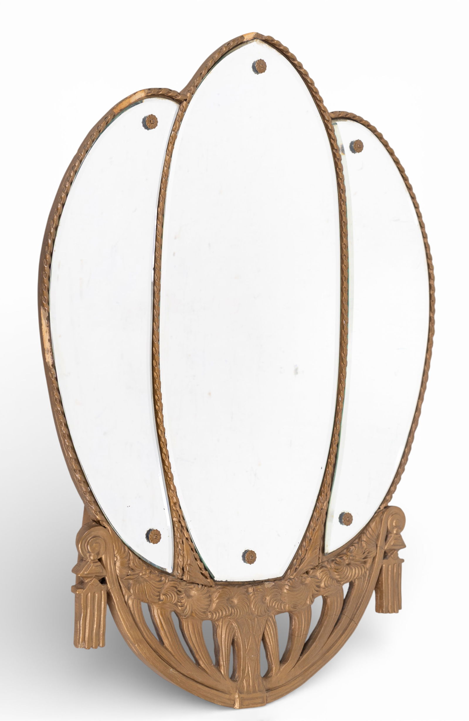 Art Nouveau Swag Framed Mirror: An early gilt wood Art Nouveau wall mirror featuring three separate beveled glass sections and carved wood swag design motif. Note some loss, measures approx. 26" W x 34.5" H.