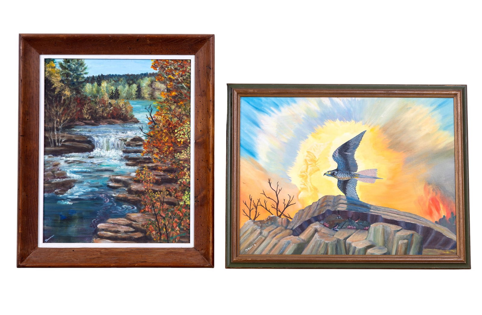 Wanda Davenport (AM, 20th C) Oil on Board (2): Framed oil on canvas board depicting a Native American motif of a bird, a man's profile, and a sunburst over the rocks. Measures approx. 20" H x 26" W. Also includes a framed oil on canvas board