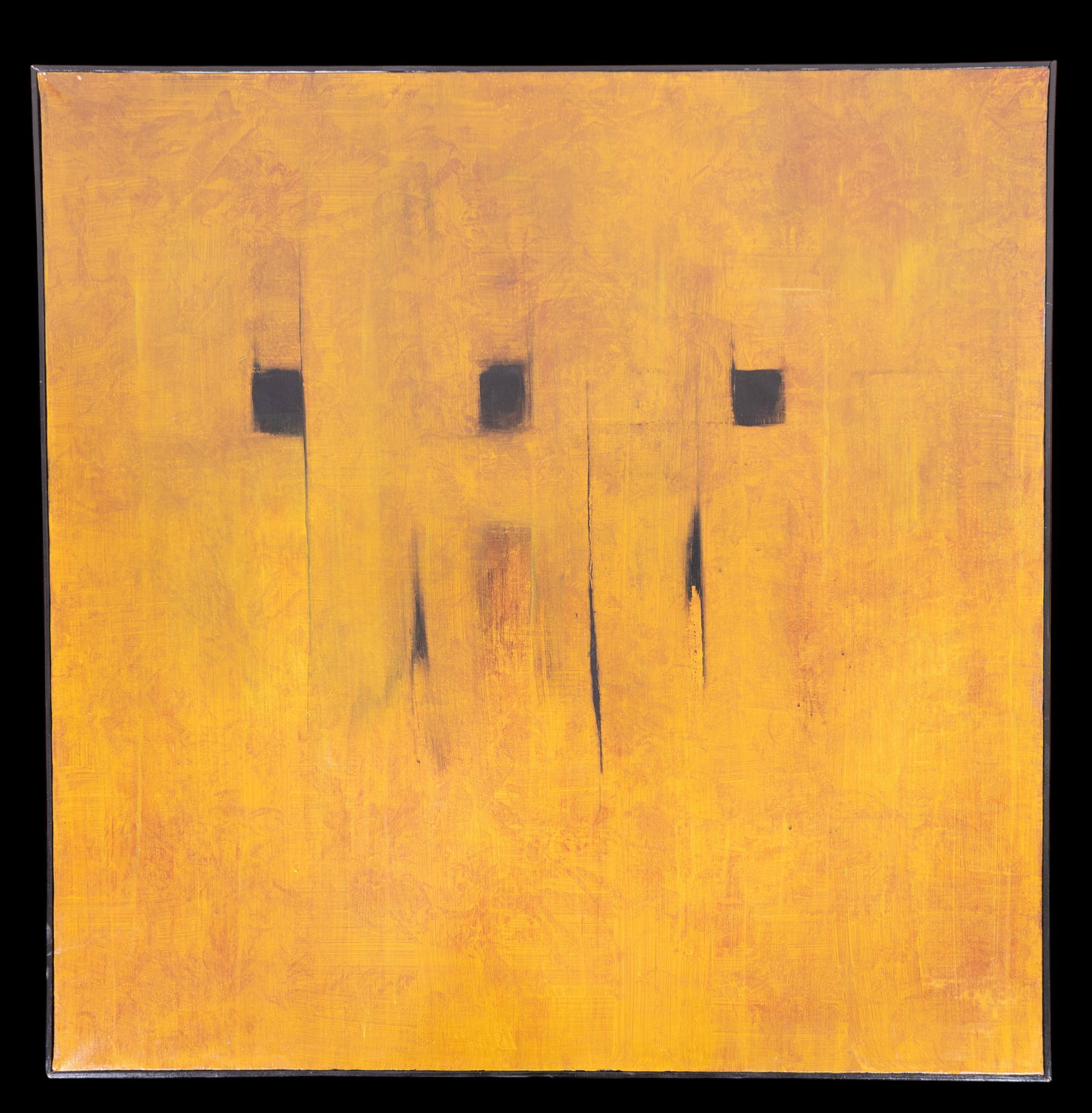 Modern Abstract Impressionist O/c, Unsigned: Large modern abstract oil on canvas featuring a textured yellow ground with 3 dark geometric and vertical accent forms. Measures approx. 36.5" x 36.5".